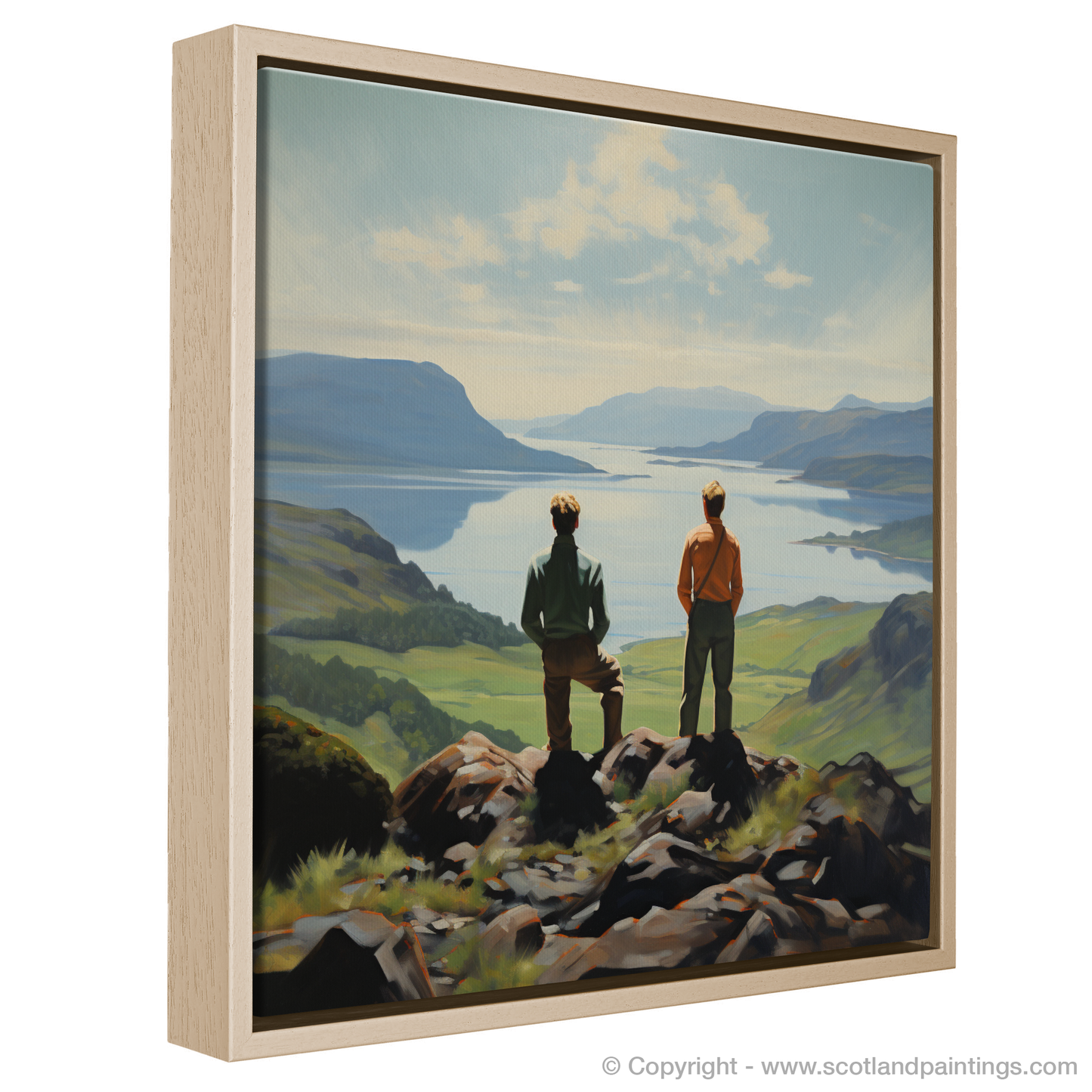 Painting and Art Print of Two hikers looking out on Loch Lomond entitled "Reflections on Loch Lomond: A Hiker's View".