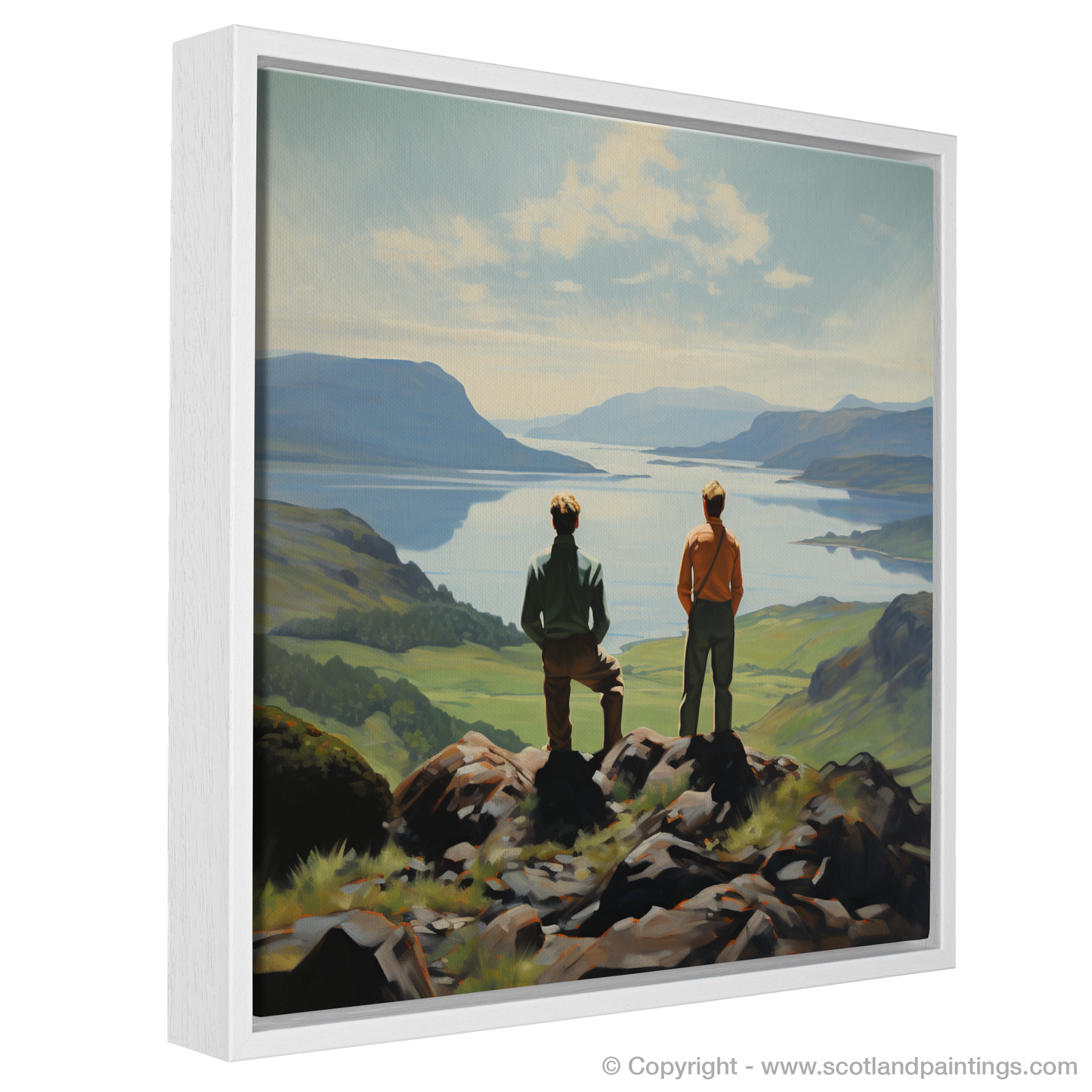 Painting and Art Print of Two hikers looking out on Loch Lomond entitled "Reflections on Loch Lomond: A Hiker's View".