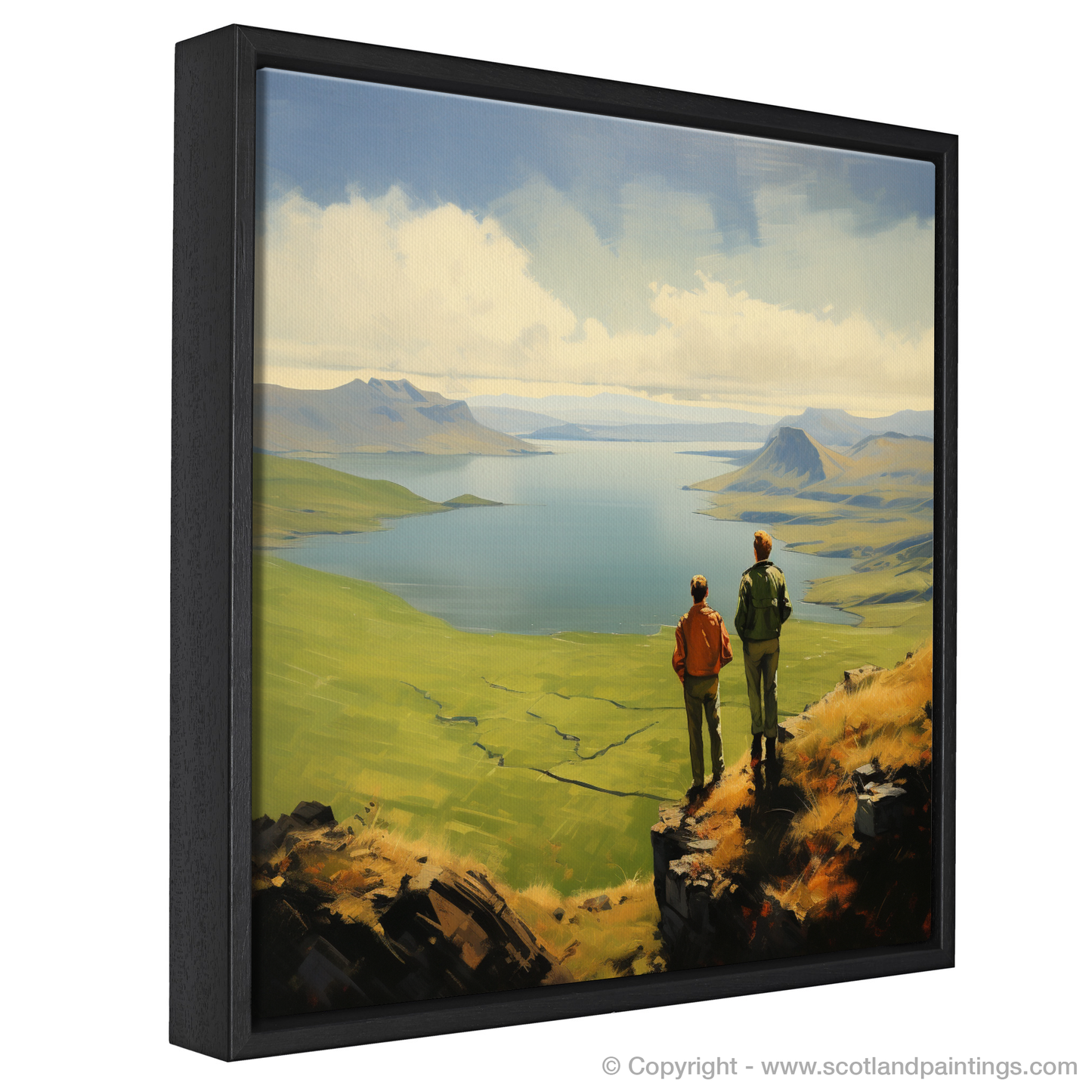 Painting and Art Print of Two hikers looking out on Loch Lomond entitled "Standing on the Edge of Serenity: Two Hikers at Loch Lomond".