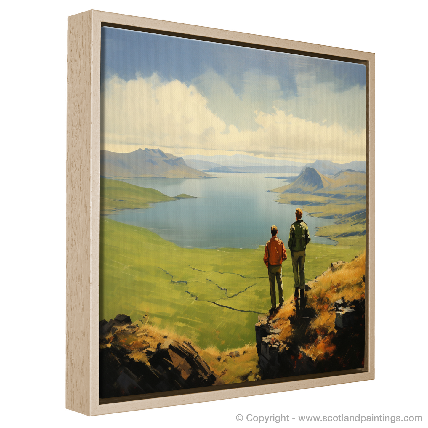 Painting and Art Print of Two hikers looking out on Loch Lomond entitled "Standing on the Edge of Serenity: Two Hikers at Loch Lomond".