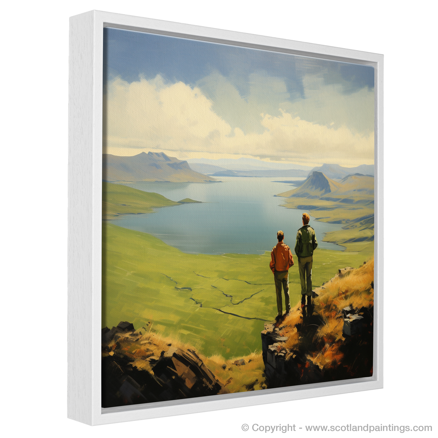 Painting and Art Print of Two hikers looking out on Loch Lomond entitled "Standing on the Edge of Serenity: Two Hikers at Loch Lomond".