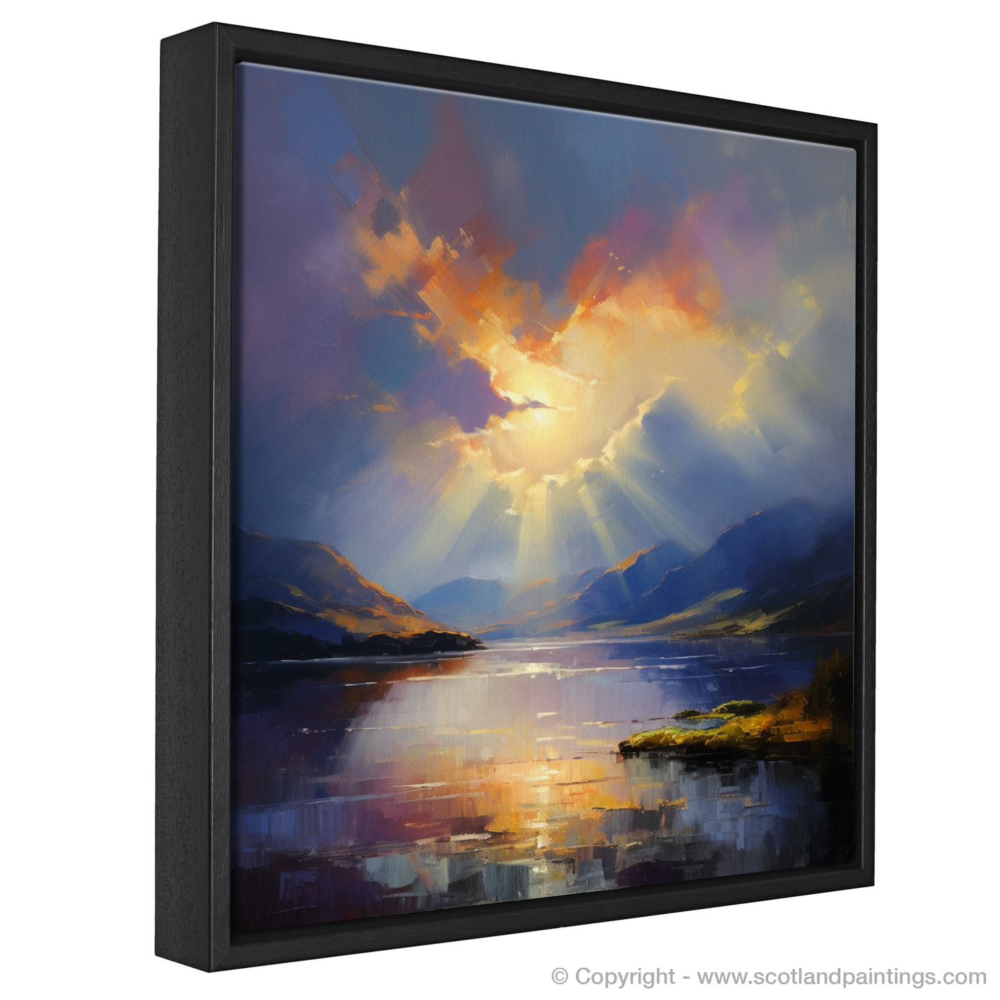 Painting and Art Print of Sun rays through clouds above Loch Lomond. Sunrise Serenade over Loch Lomond.