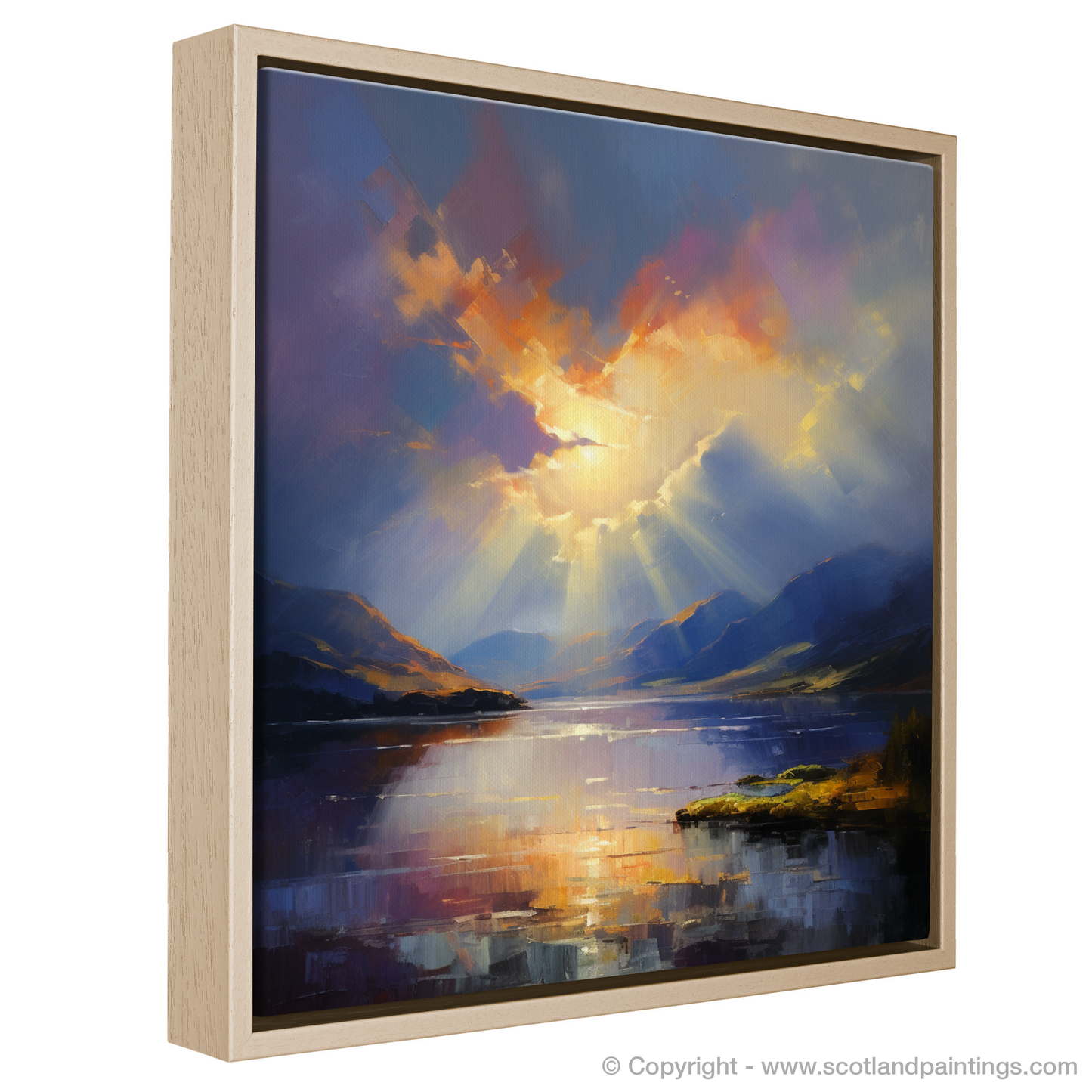 Painting and Art Print of Sun rays through clouds above Loch Lomond. Sunrise Serenade over Loch Lomond.