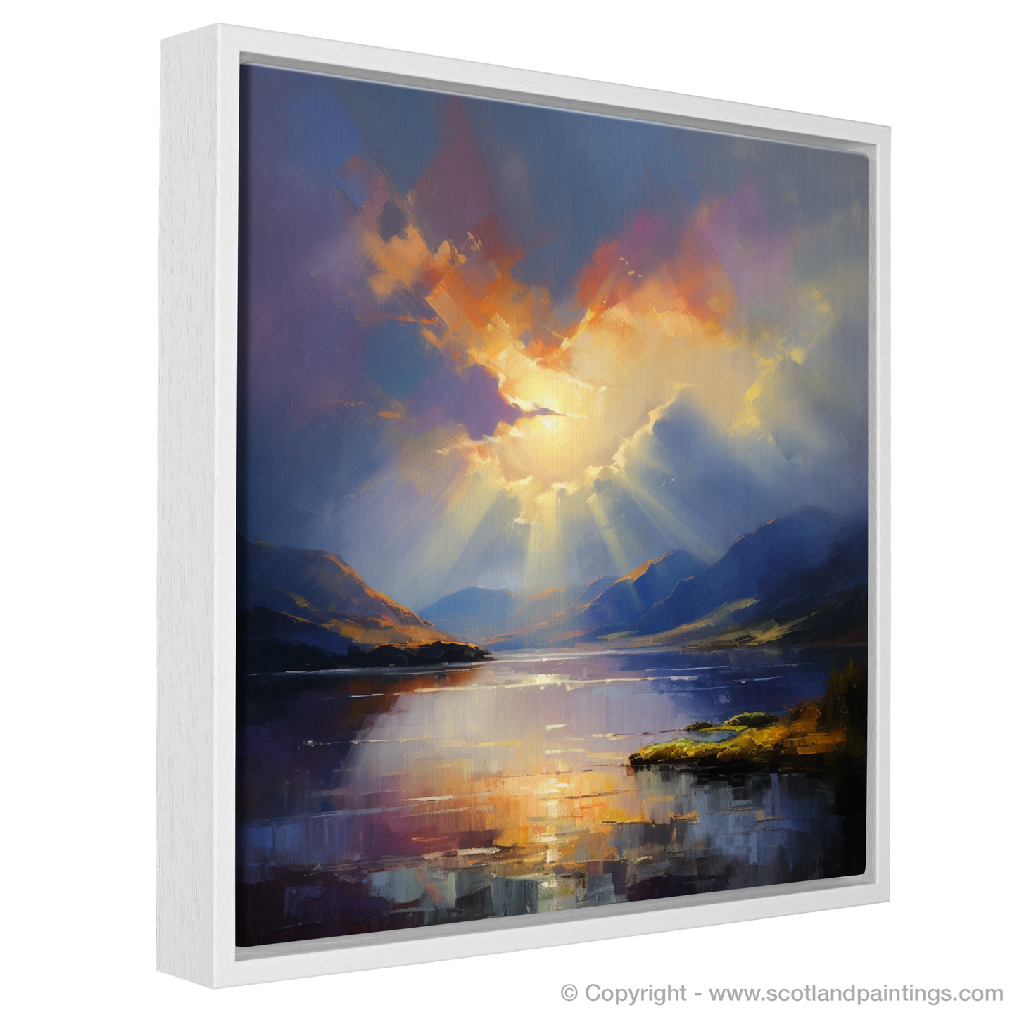 Painting and Art Print of Sun rays through clouds above Loch Lomond. Sunrise Serenade over Loch Lomond.