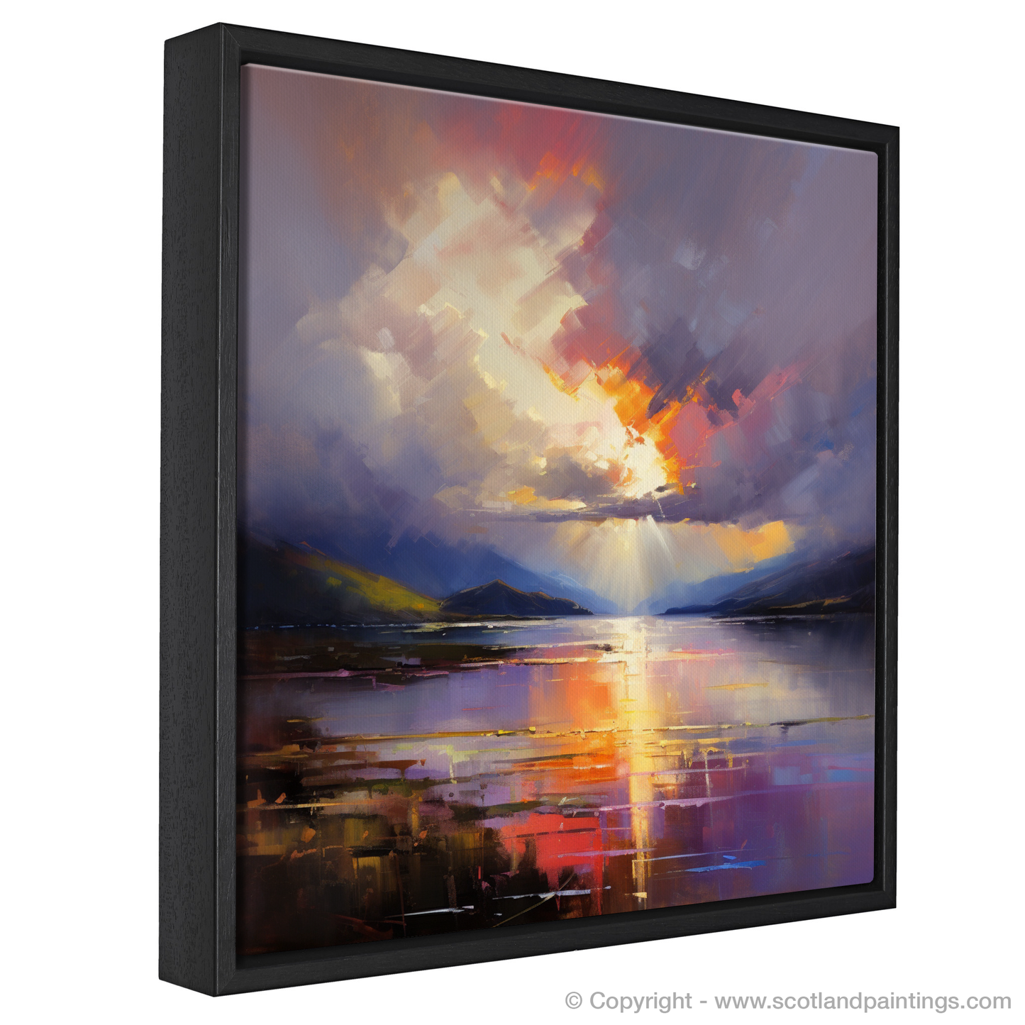 Painting and Art Print of Sun rays through clouds above Loch Lomond entitled "Sunburst over Loch Lomond".