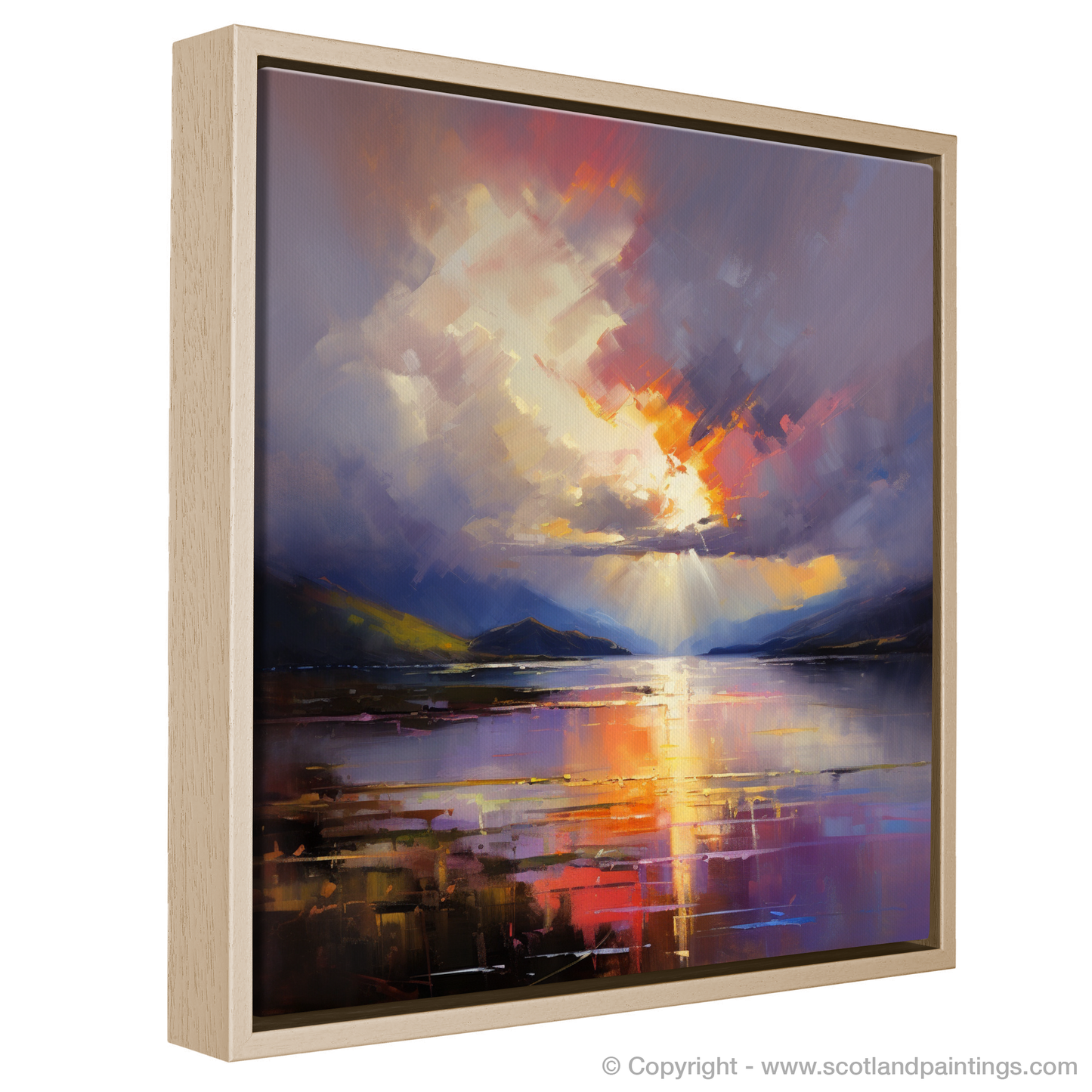 Painting and Art Print of Sun rays through clouds above Loch Lomond entitled "Sunburst over Loch Lomond".