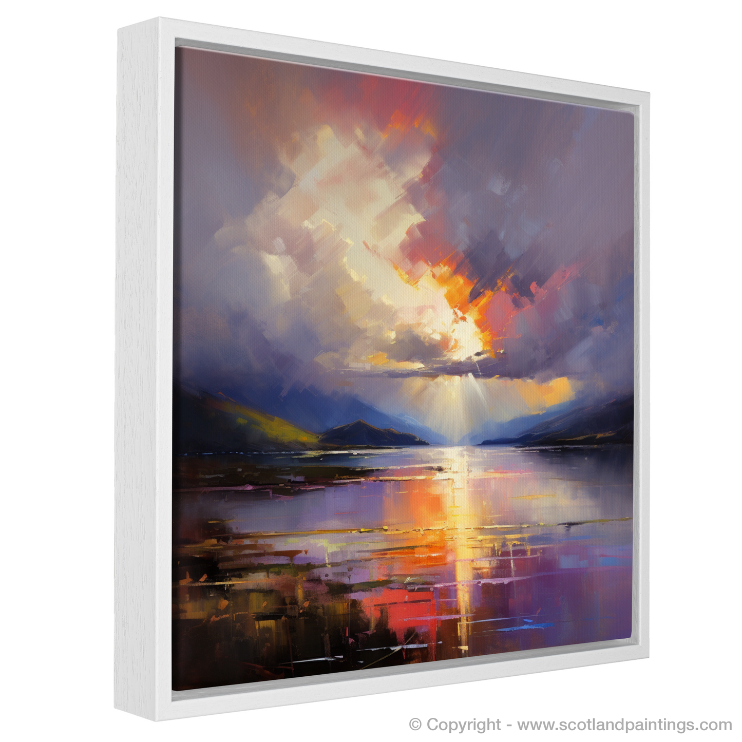 Painting and Art Print of Sun rays through clouds above Loch Lomond entitled "Sunburst over Loch Lomond".