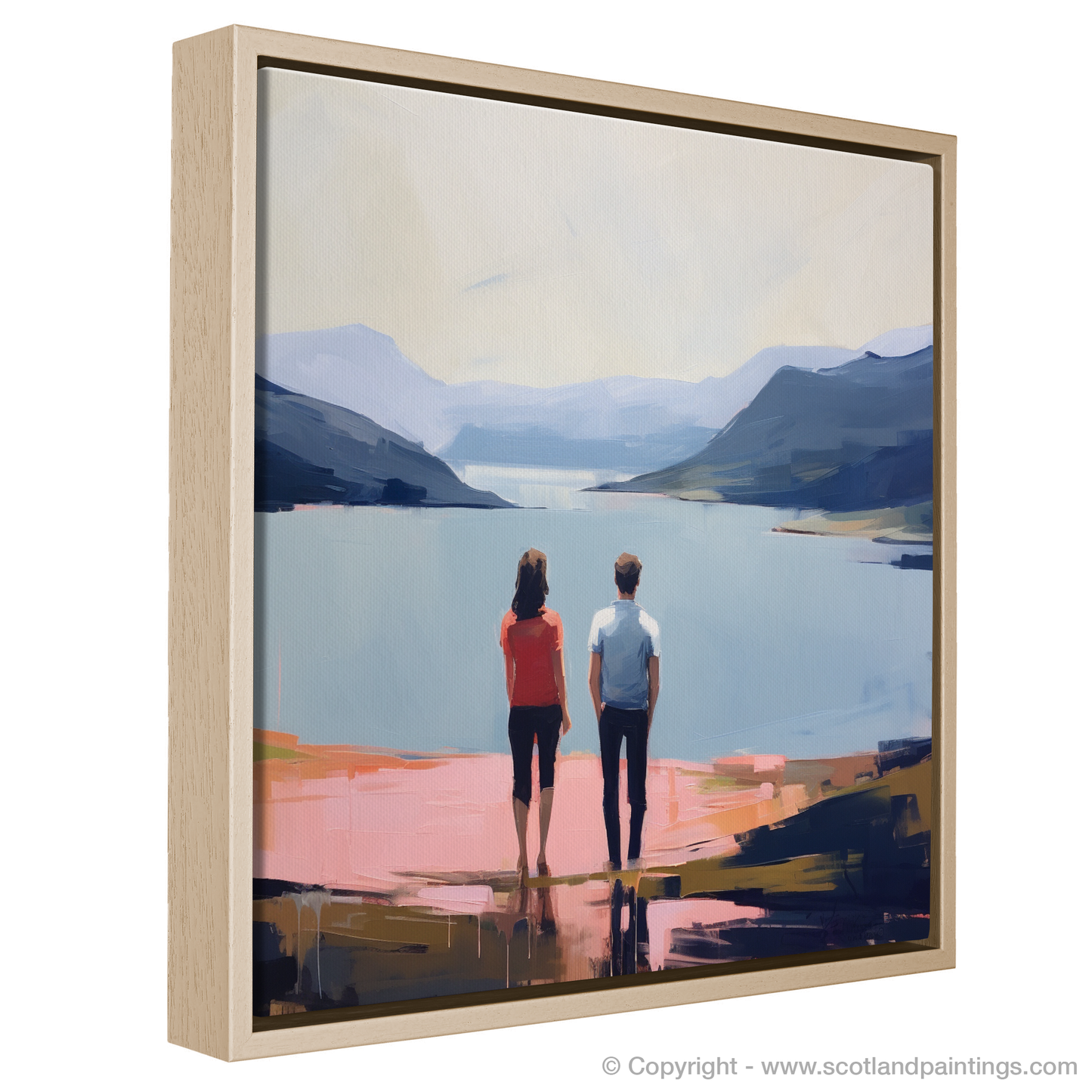 Painting and Art Print of A couple holding hands looking out on Loch Lomond entitled "Embrace at Loch Lomond: A Contemporary Vision of Serenity and Togetherness".