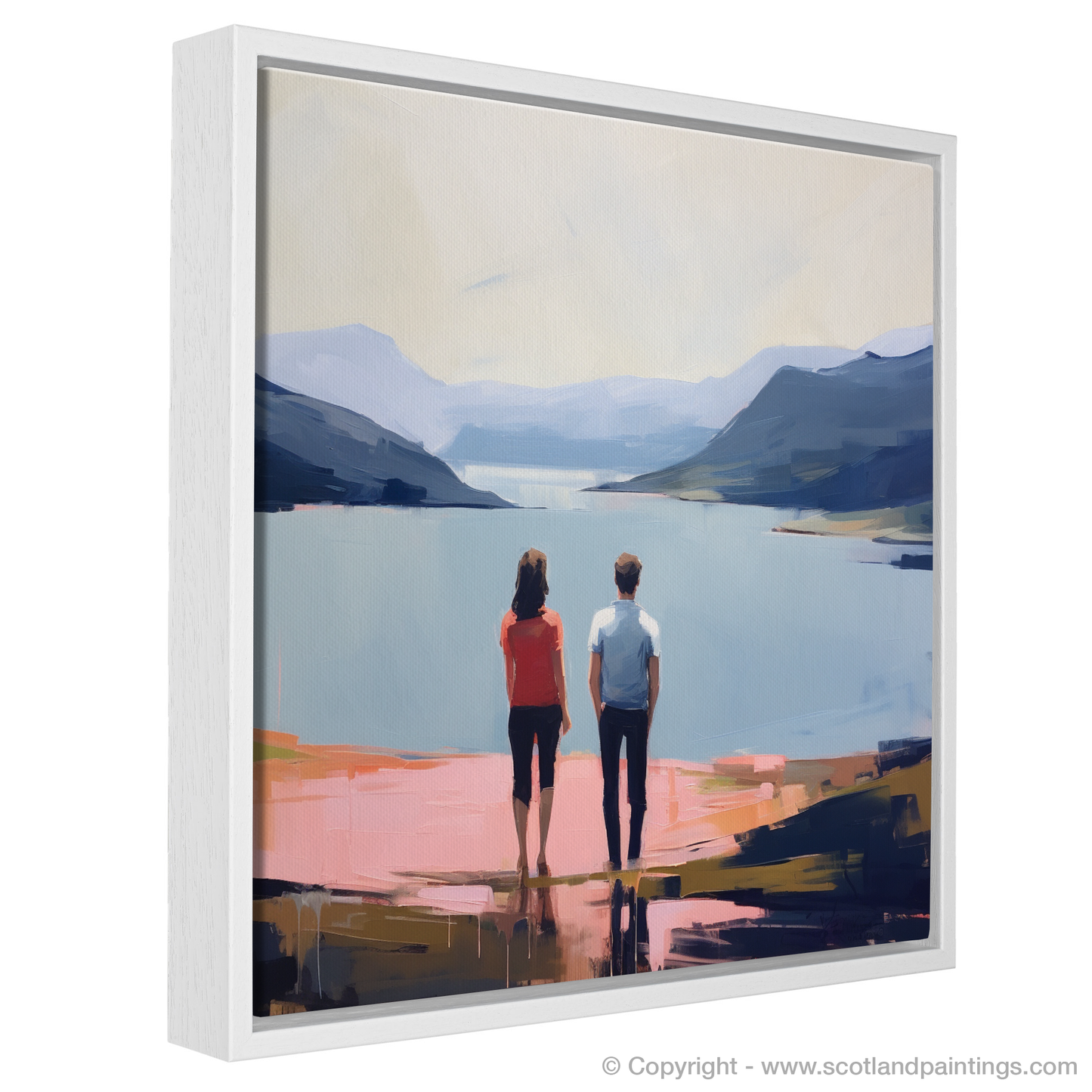 Painting and Art Print of A couple holding hands looking out on Loch Lomond entitled "Embrace at Loch Lomond: A Contemporary Vision of Serenity and Togetherness".