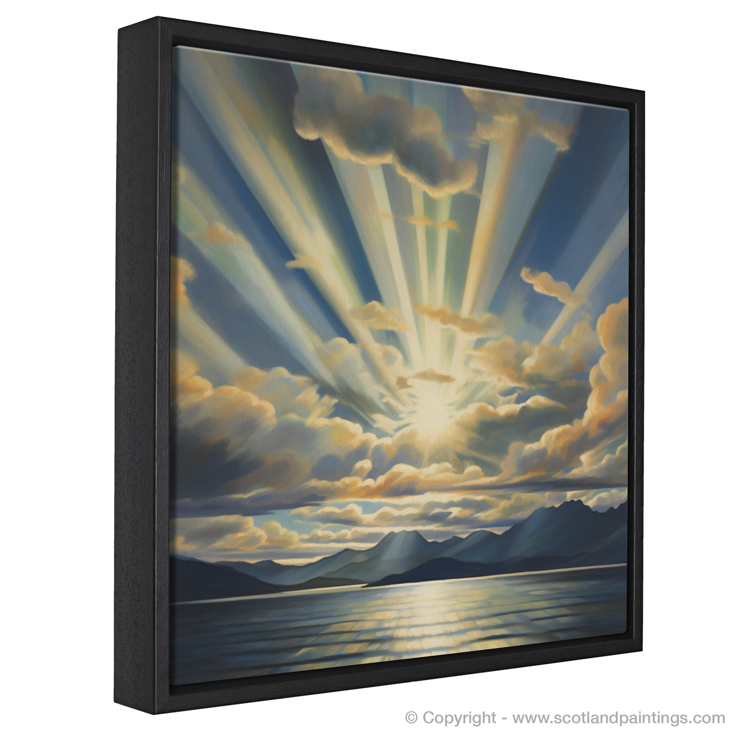 Painting and Art Print of Sun rays through clouds above Loch Lomond entitled "Sunburst over Loch Lomond".