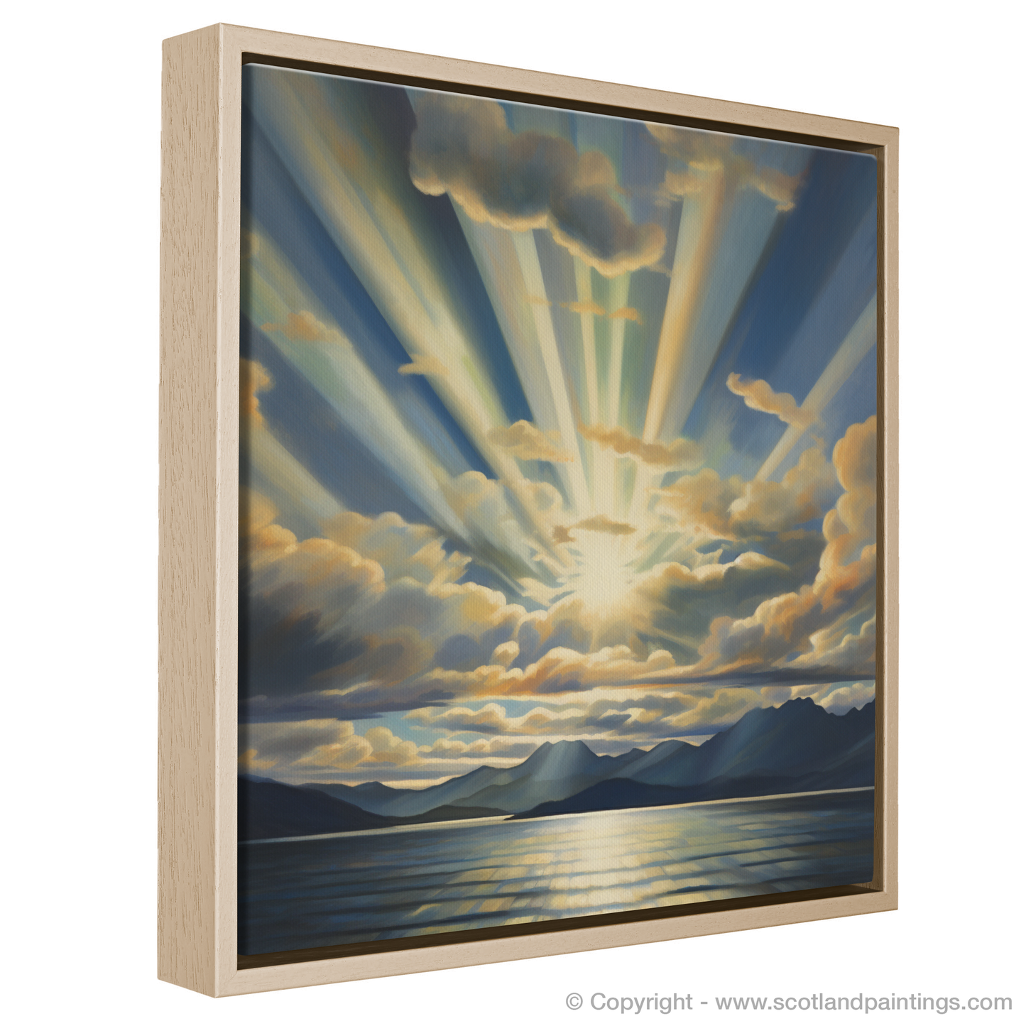 Painting and Art Print of Sun rays through clouds above Loch Lomond entitled "Sunburst over Loch Lomond".