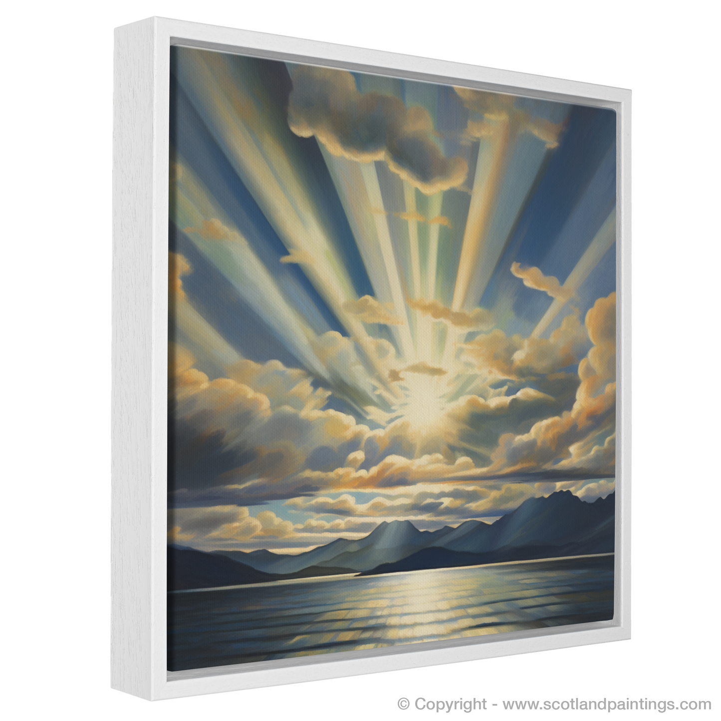 Painting and Art Print of Sun rays through clouds above Loch Lomond entitled "Sunburst over Loch Lomond".