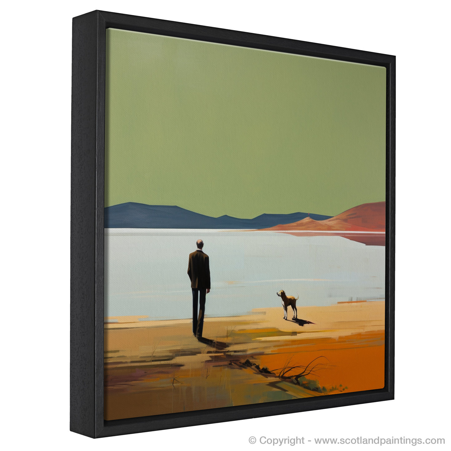 Painting and Art Print of A man walking dog at the side of Loch Lomond entitled "Walking with Solitude: A Loch Lomond Reflection".