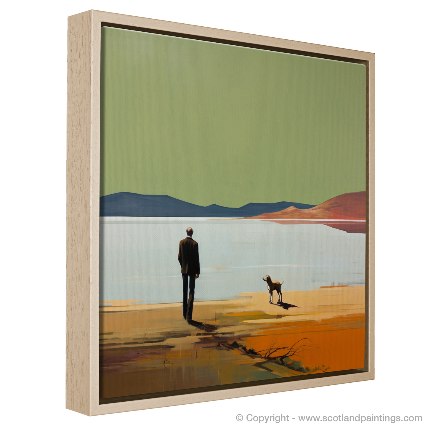 Painting and Art Print of A man walking dog at the side of Loch Lomond entitled "Walking with Solitude: A Loch Lomond Reflection".