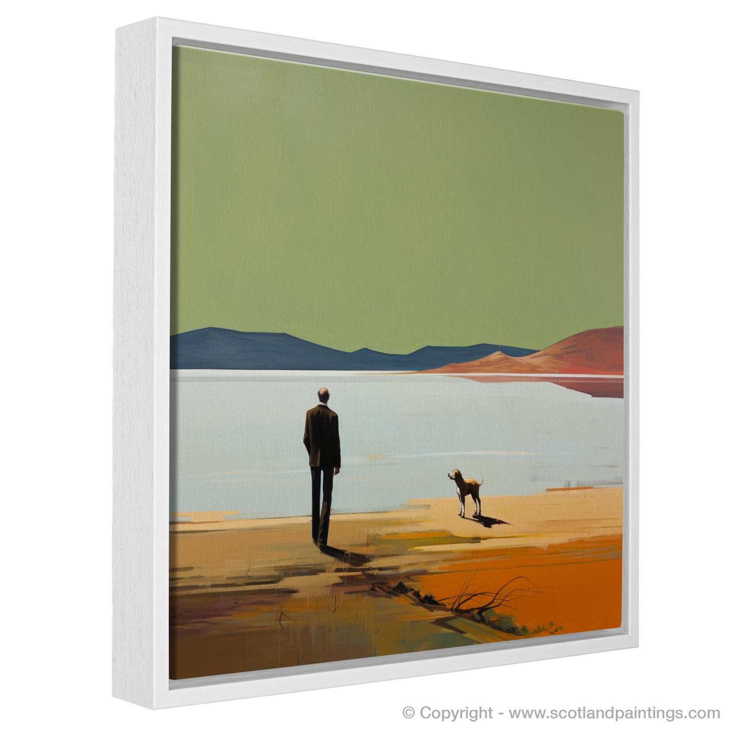 Painting and Art Print of A man walking dog at the side of Loch Lomond entitled "Walking with Solitude: A Loch Lomond Reflection".