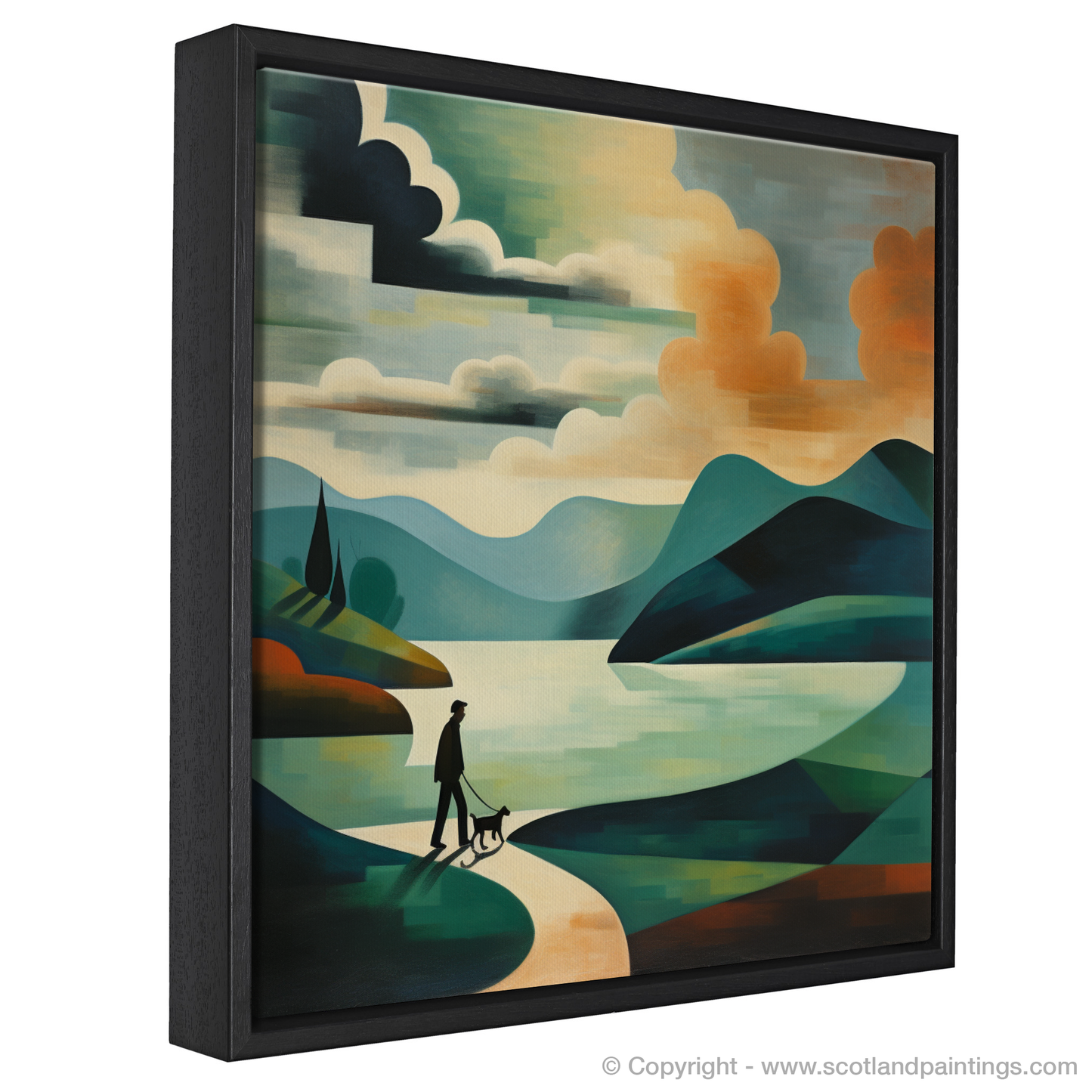 Painting and Art Print of A man walking dog at the side of Loch Lomond entitled "Abstract Amble by Loch Lomond".