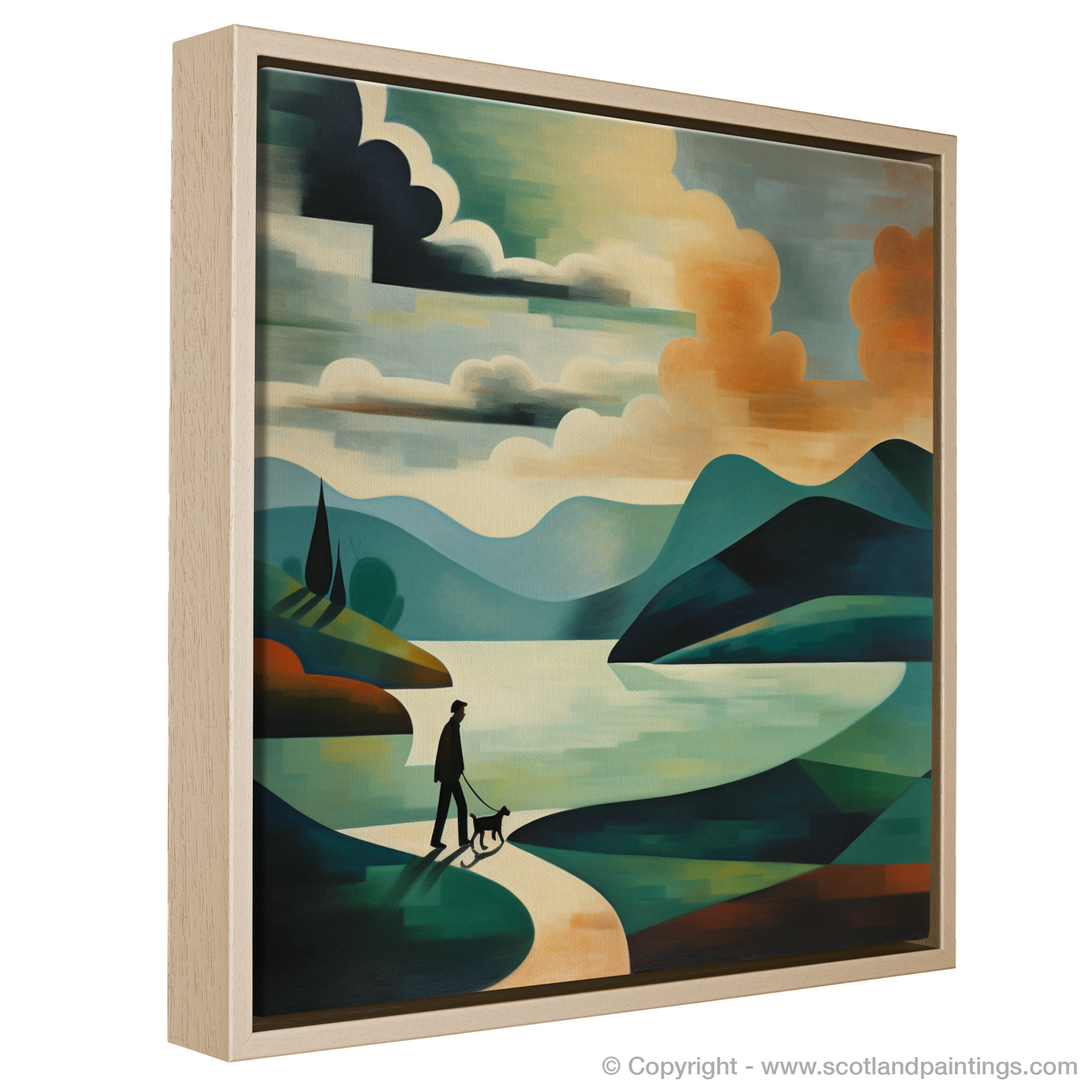 Painting and Art Print of A man walking dog at the side of Loch Lomond entitled "Abstract Amble by Loch Lomond".