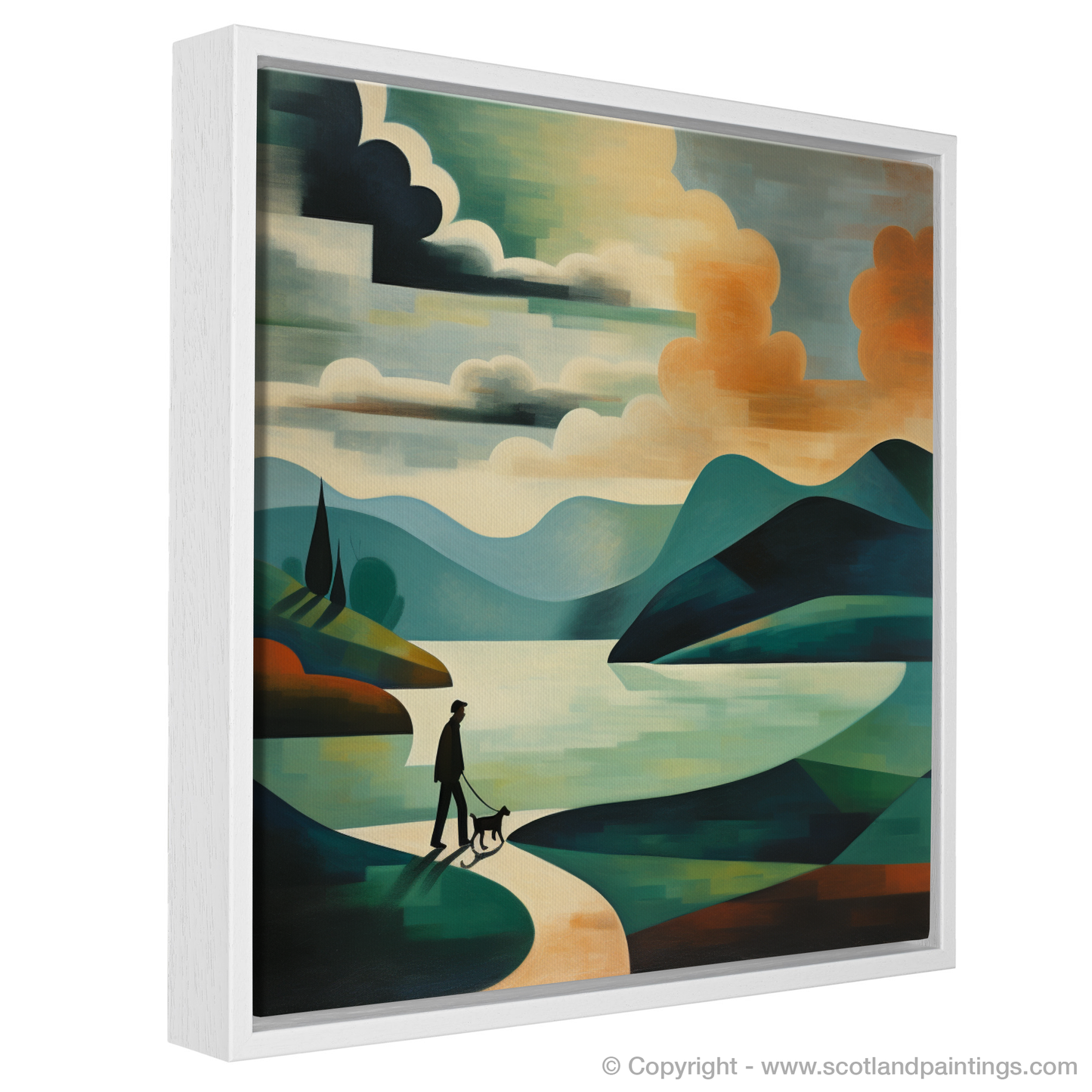 Painting and Art Print of A man walking dog at the side of Loch Lomond entitled "Abstract Amble by Loch Lomond".