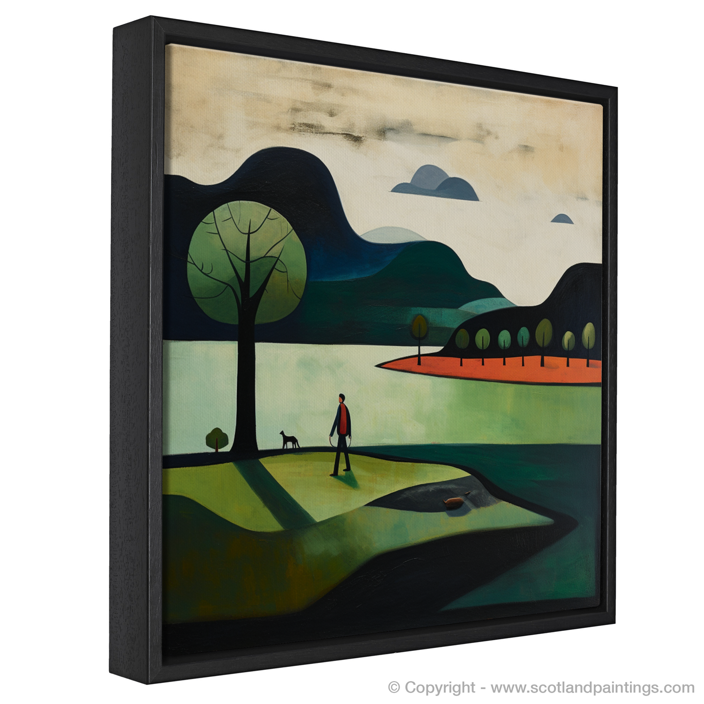 Painting and Art Print of A man walking dog at the side of Loch Lomond entitled "Loch Lomond Serenity: A Man and His Dog in Abstract Harmony".