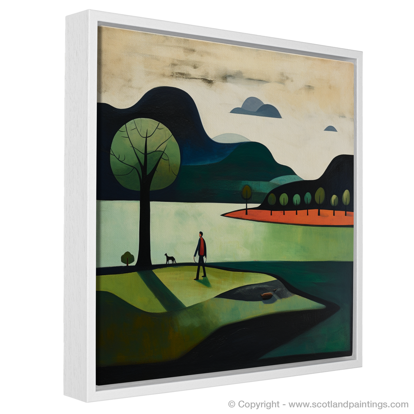 Painting and Art Print of A man walking dog at the side of Loch Lomond entitled "Loch Lomond Serenity: A Man and His Dog in Abstract Harmony".