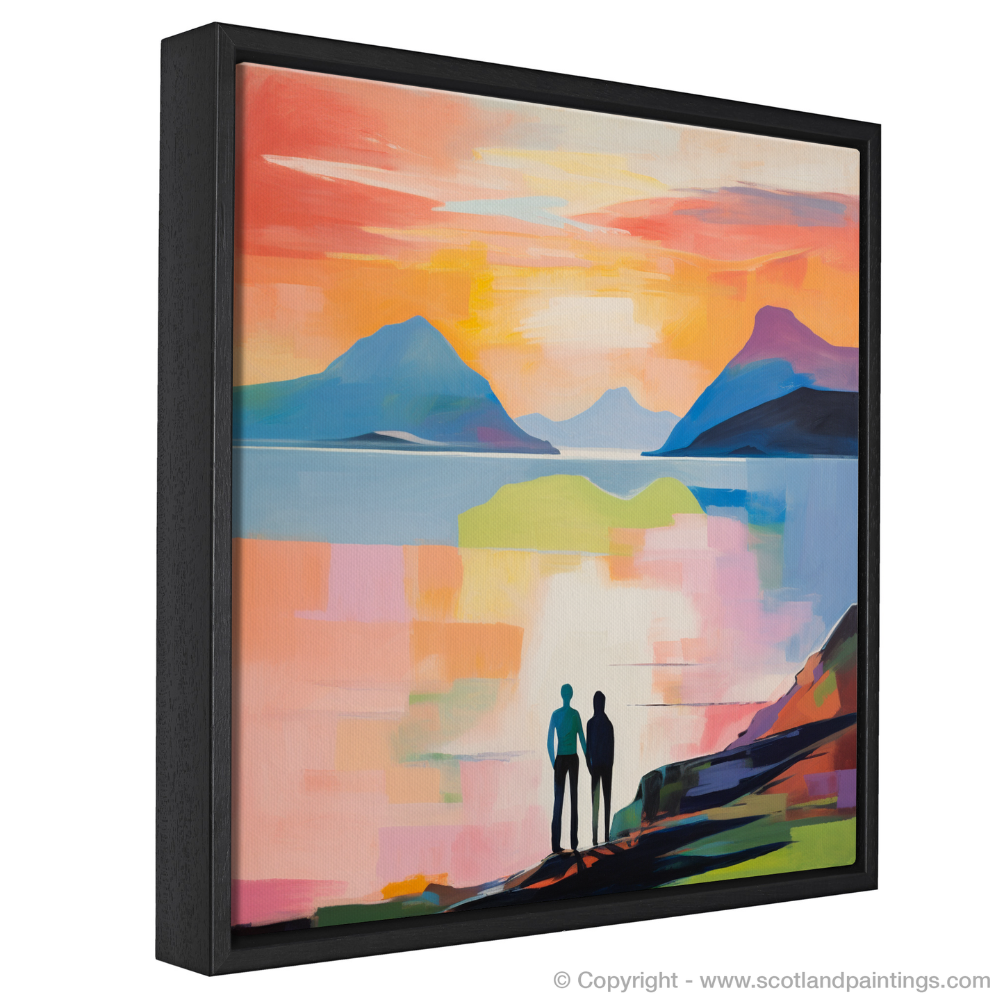 Painting and Art Print of A couple holding hands looking out on Loch Lomond. Embrace at Dusk: A Loch Lomond Reverie.