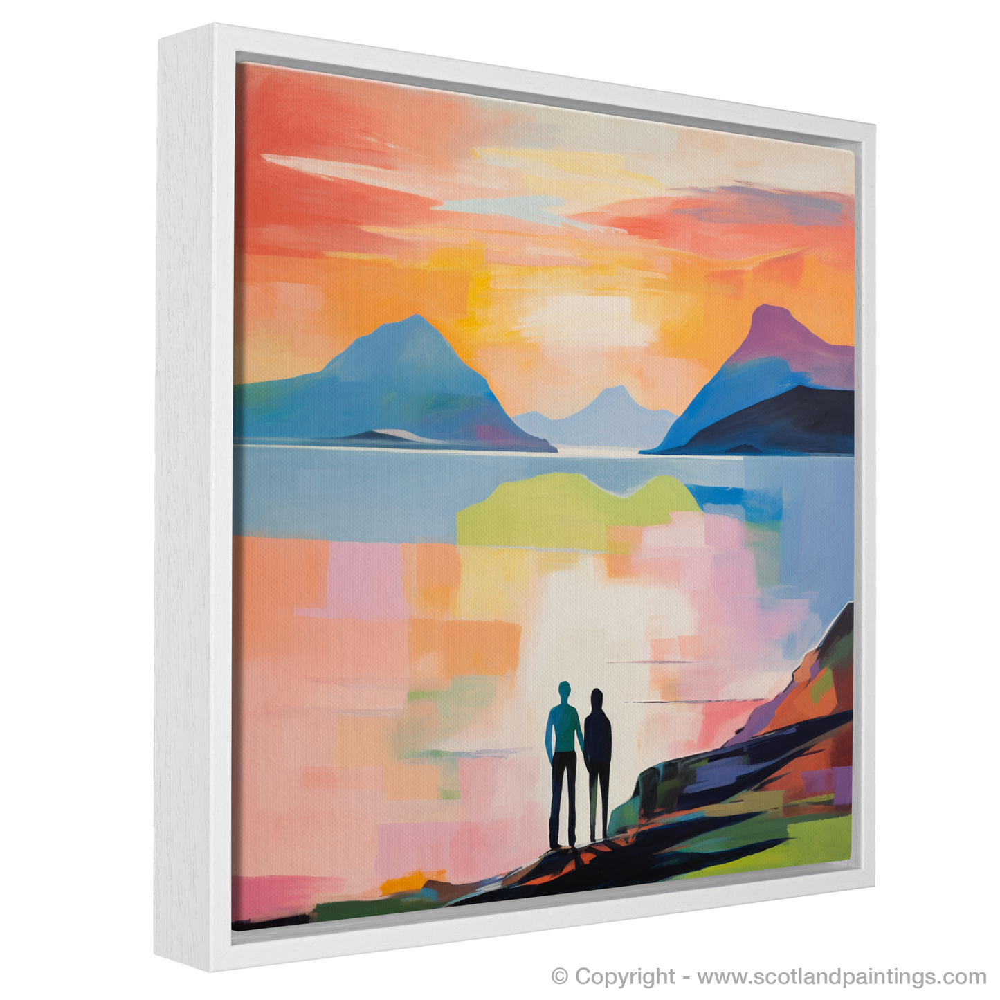 Painting and Art Print of A couple holding hands looking out on Loch Lomond. Embrace at Dusk: A Loch Lomond Reverie.