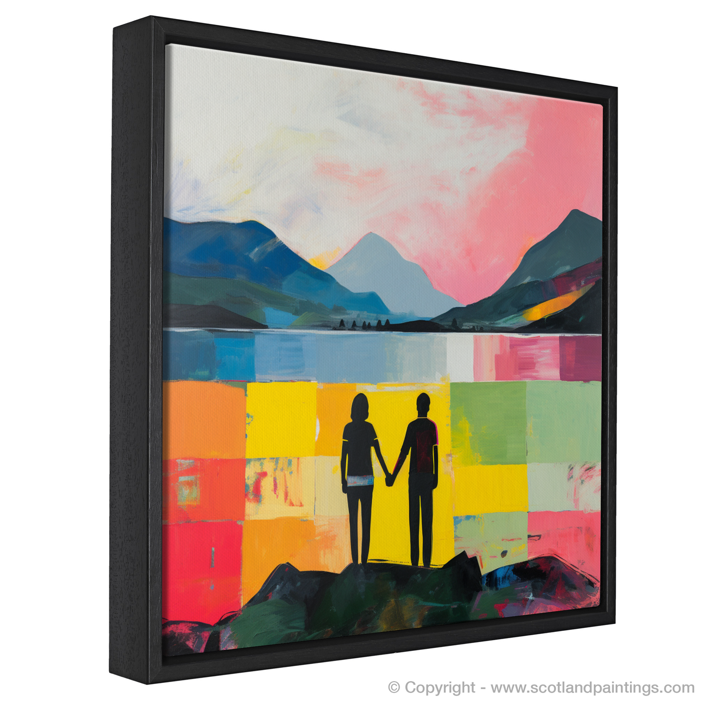 Painting and Art Print of A couple holding hands looking out on Loch Lomond entitled "Embrace by Loch Lomond".