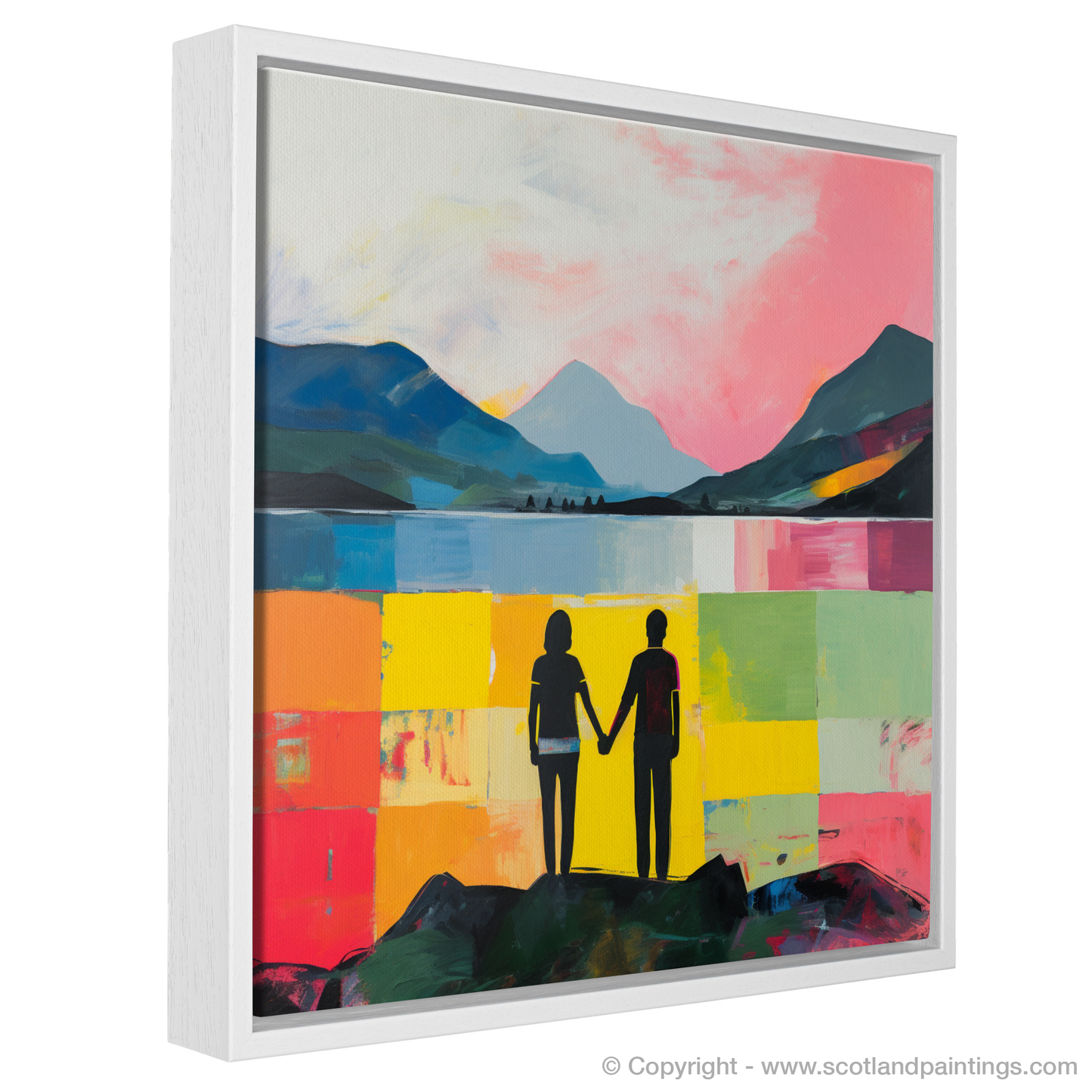 Painting and Art Print of A couple holding hands looking out on Loch Lomond entitled "Embrace by Loch Lomond".