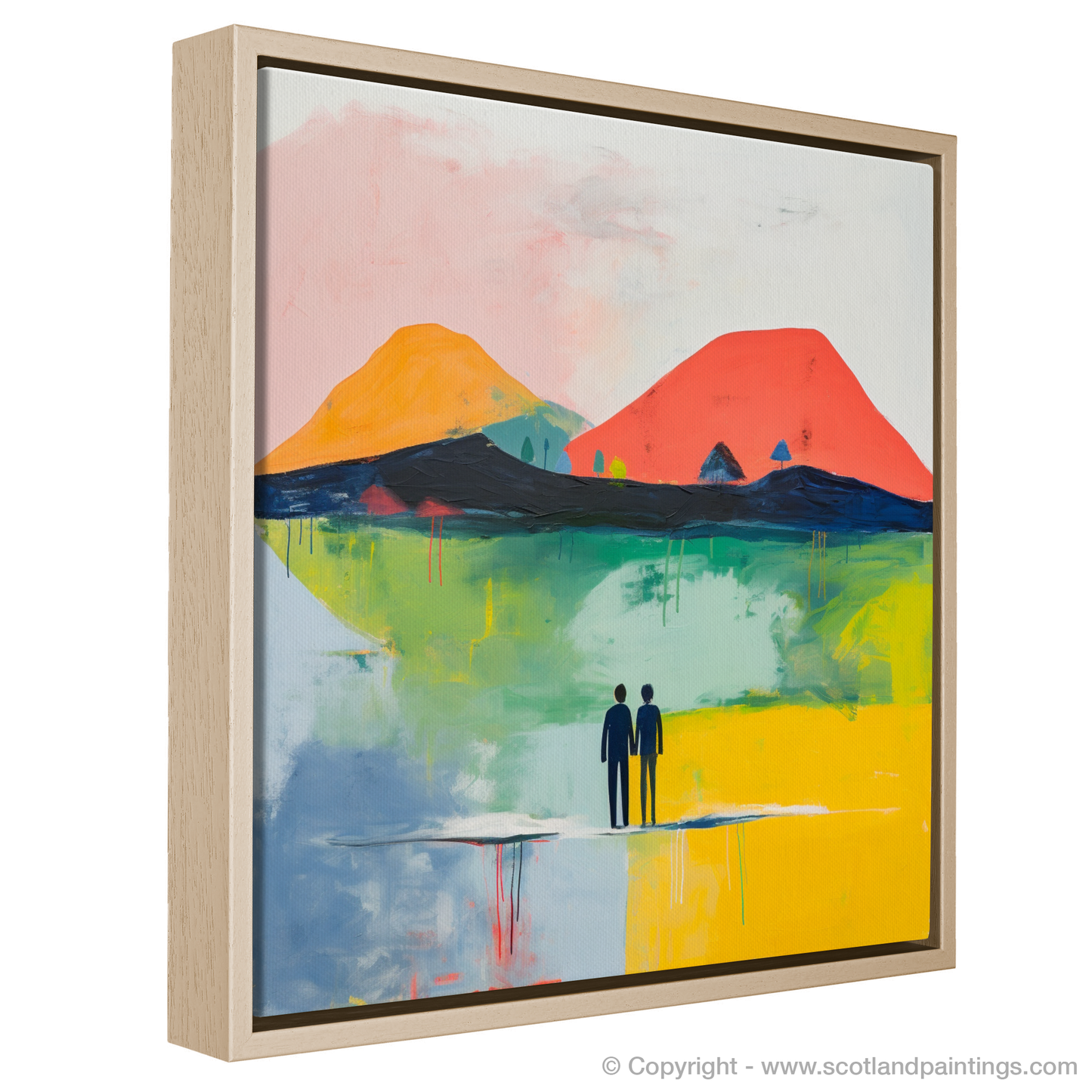 Painting and Art Print of A couple holding hands looking out on Loch Lomond. Embrace at Dusk: An Abstract Ode to Loch Lomond.