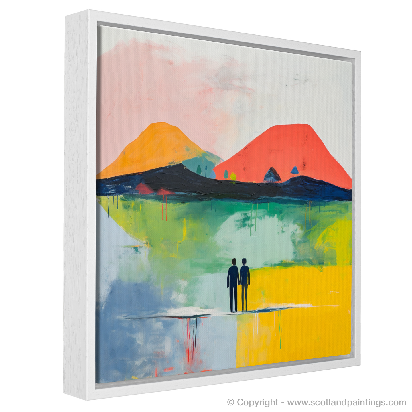 Painting and Art Print of A couple holding hands looking out on Loch Lomond. Embrace at Dusk: An Abstract Ode to Loch Lomond.