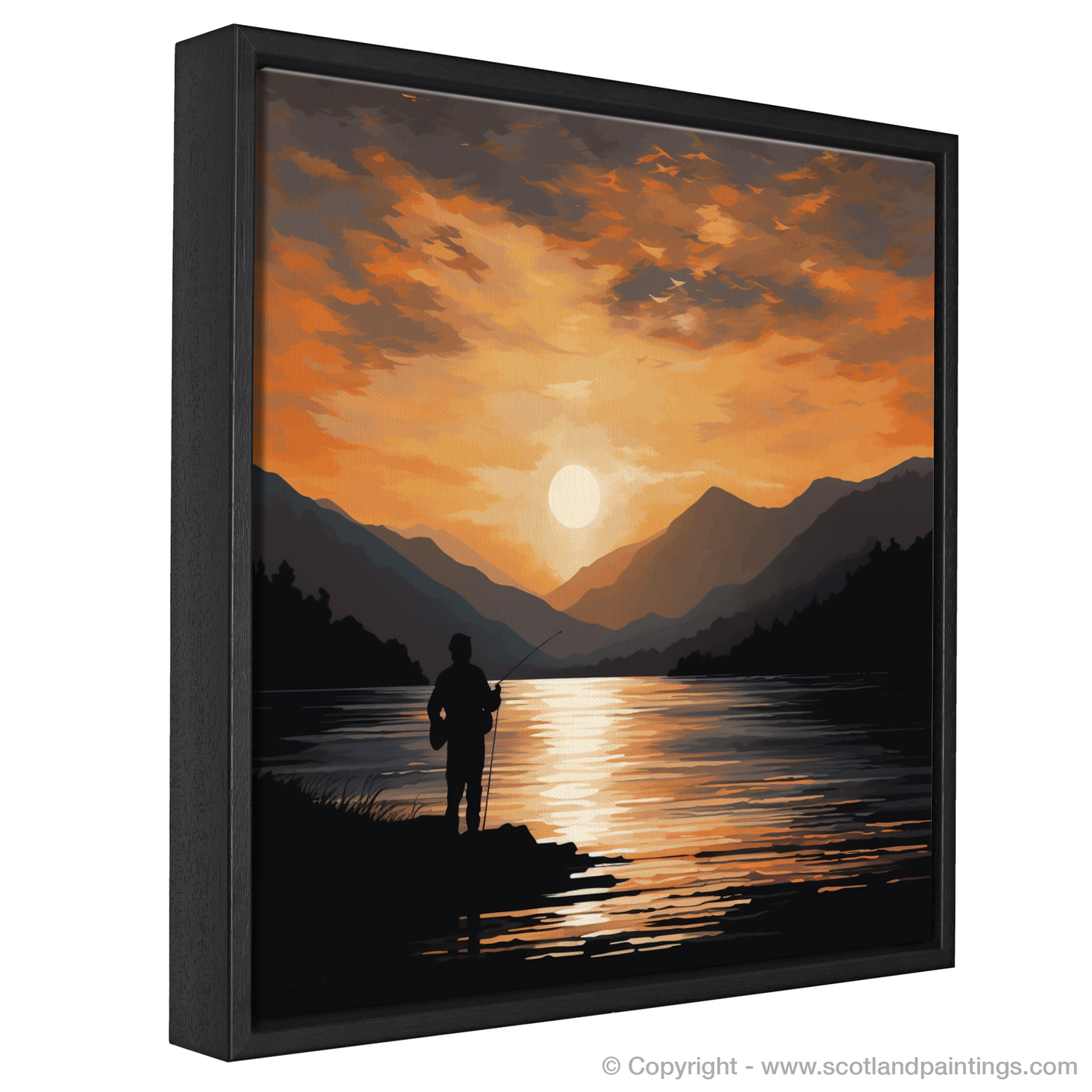 Painting and Art Print of Silhouetted fisherman on Loch Lomond entitled "Sunset Solitude: A Fisherman's Tale on Loch Lomond".