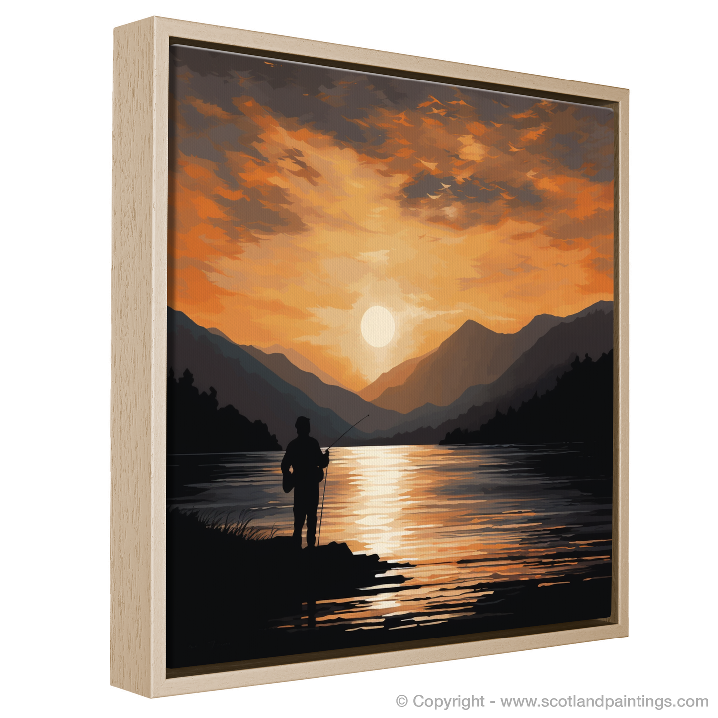 Painting and Art Print of Silhouetted fisherman on Loch Lomond entitled "Sunset Solitude: A Fisherman's Tale on Loch Lomond".