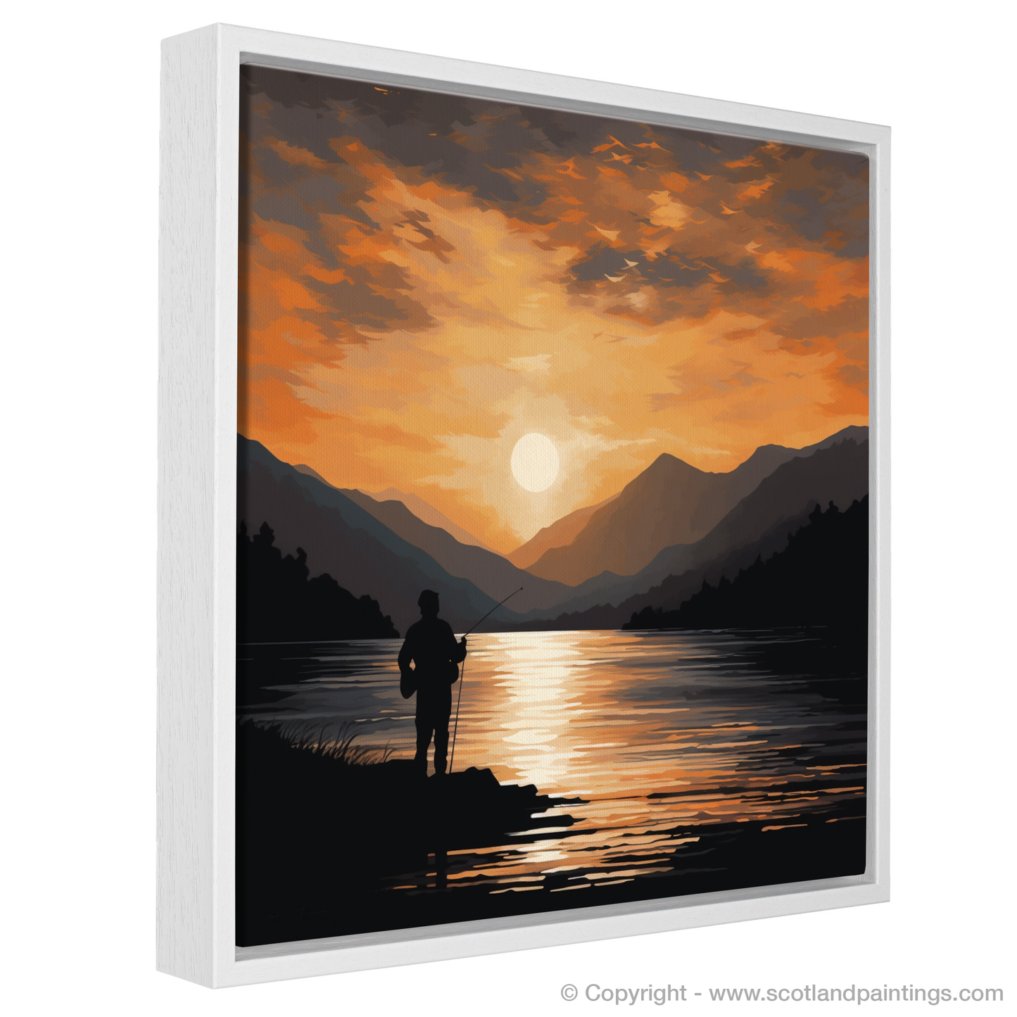Painting and Art Print of Silhouetted fisherman on Loch Lomond entitled "Sunset Solitude: A Fisherman's Tale on Loch Lomond".