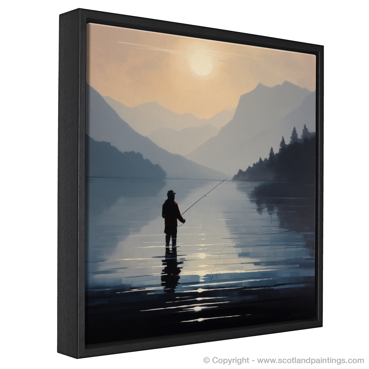 Painting and Art Print of Silhouetted fisherman on Loch Lomond entitled "Silhouetted Fisherman at Dusk on Loch Lomond".