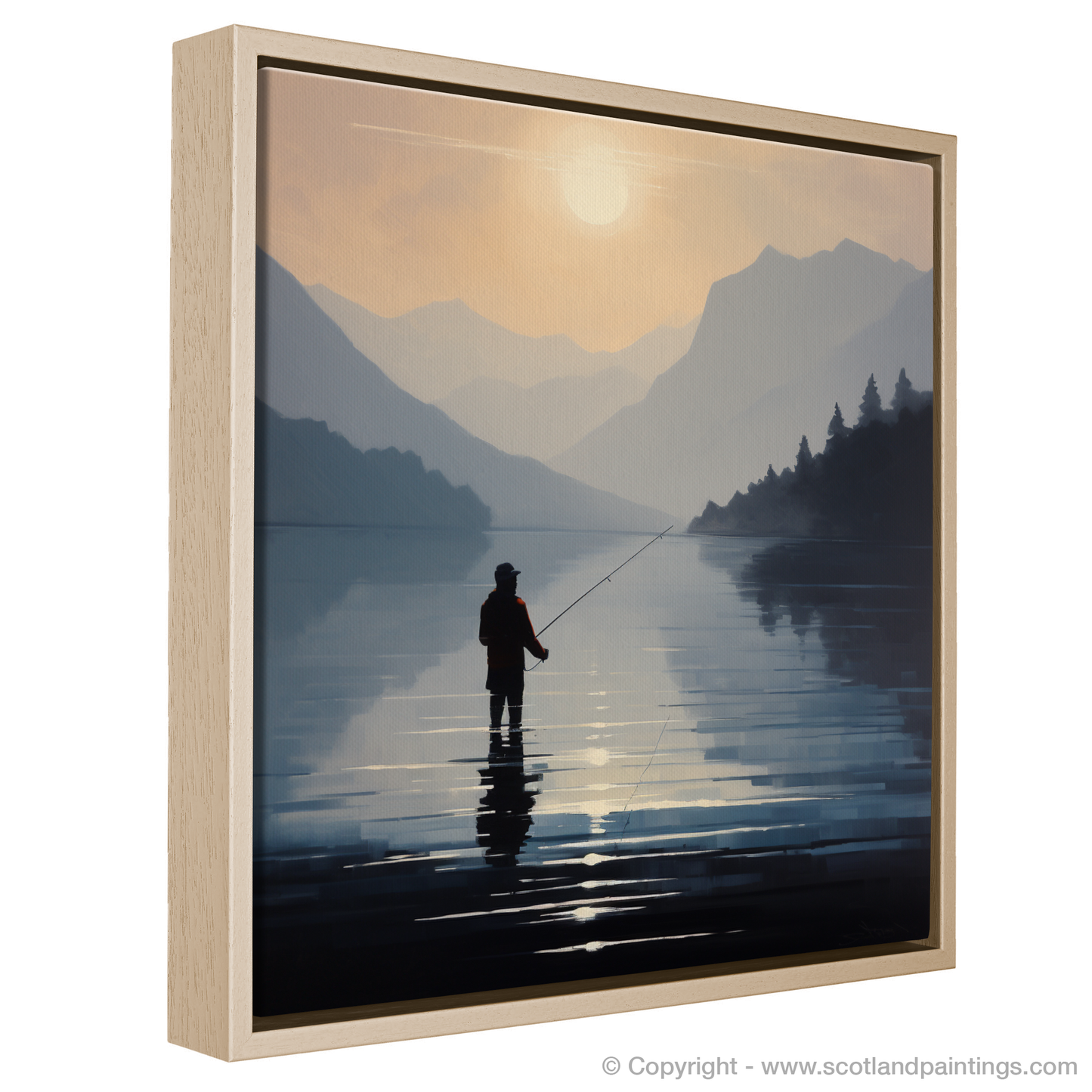 Painting and Art Print of Silhouetted fisherman on Loch Lomond entitled "Silhouetted Fisherman at Dusk on Loch Lomond".