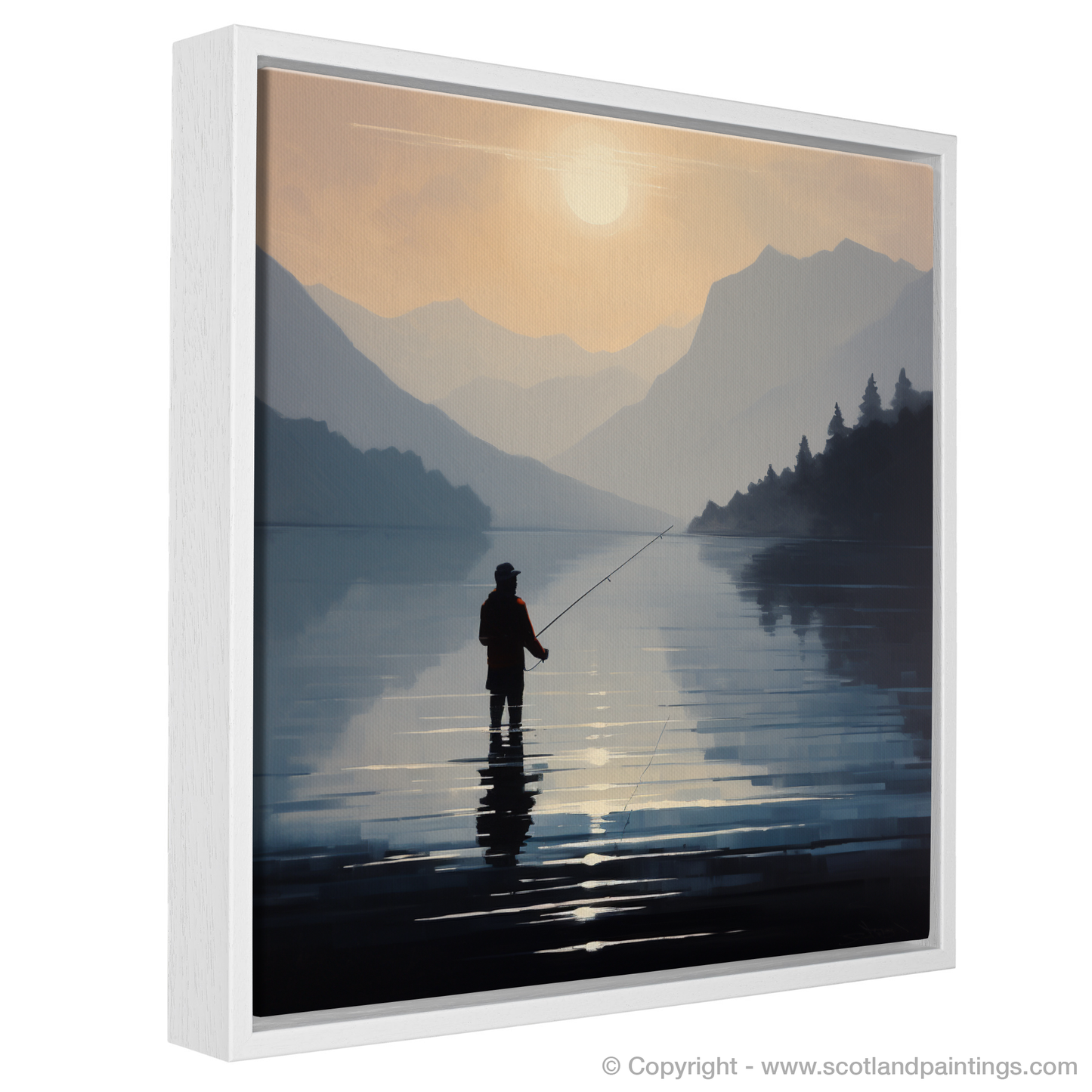 Painting and Art Print of Silhouetted fisherman on Loch Lomond entitled "Silhouetted Fisherman at Dusk on Loch Lomond".