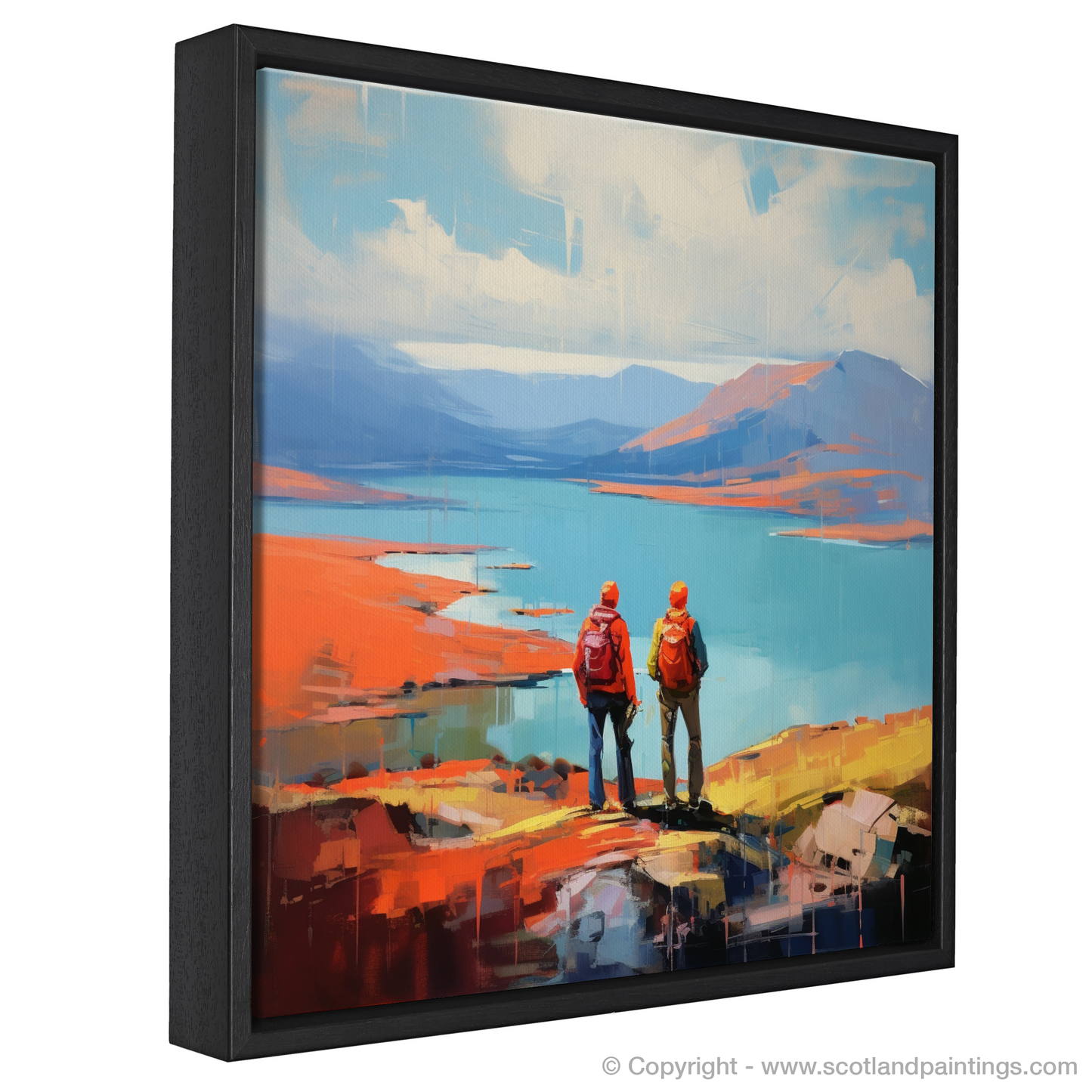 Painting and Art Print of Two hikers looking out on Loch Lomond entitled "Hikers' Repose at Loch Lomond".