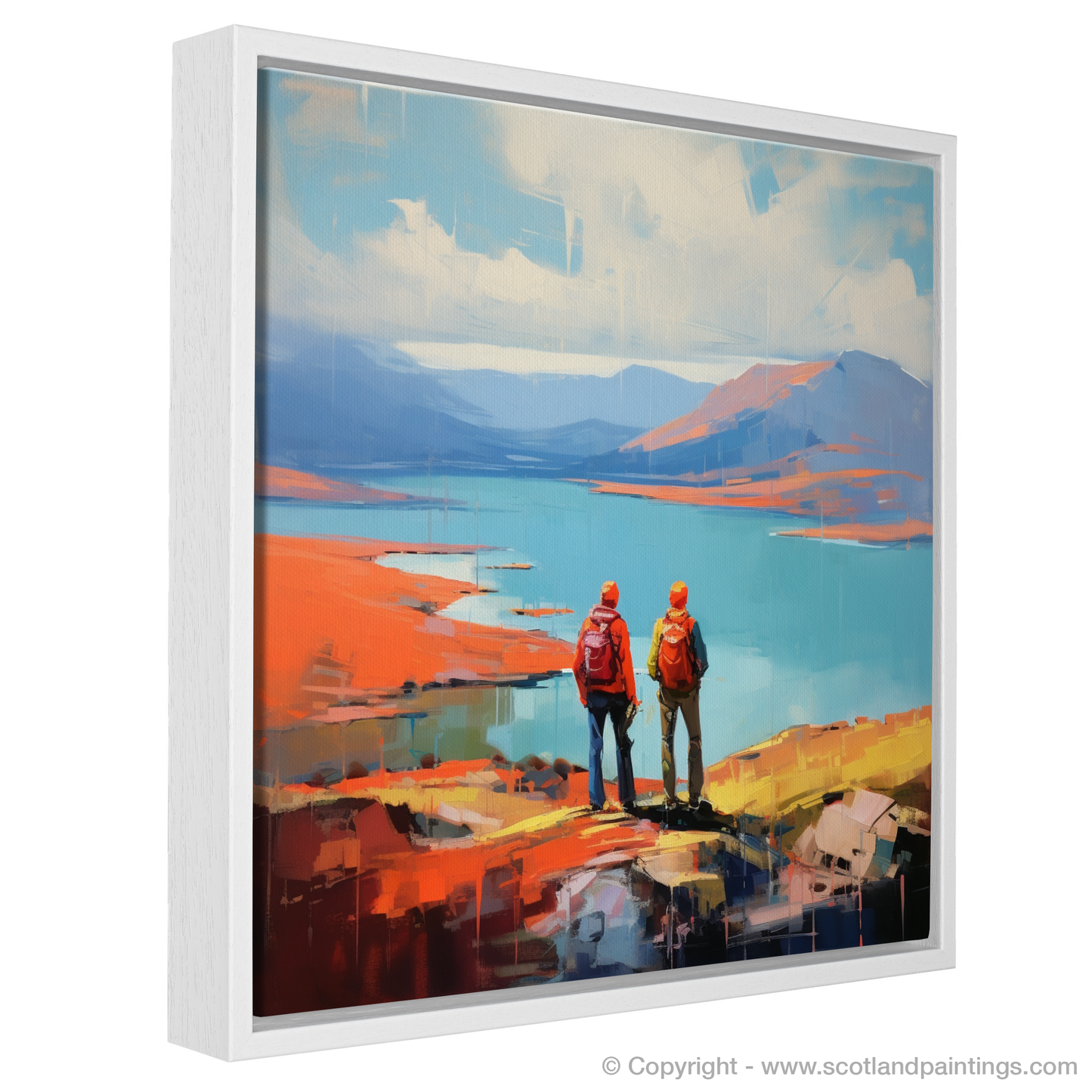 Painting and Art Print of Two hikers looking out on Loch Lomond entitled "Hikers' Repose at Loch Lomond".