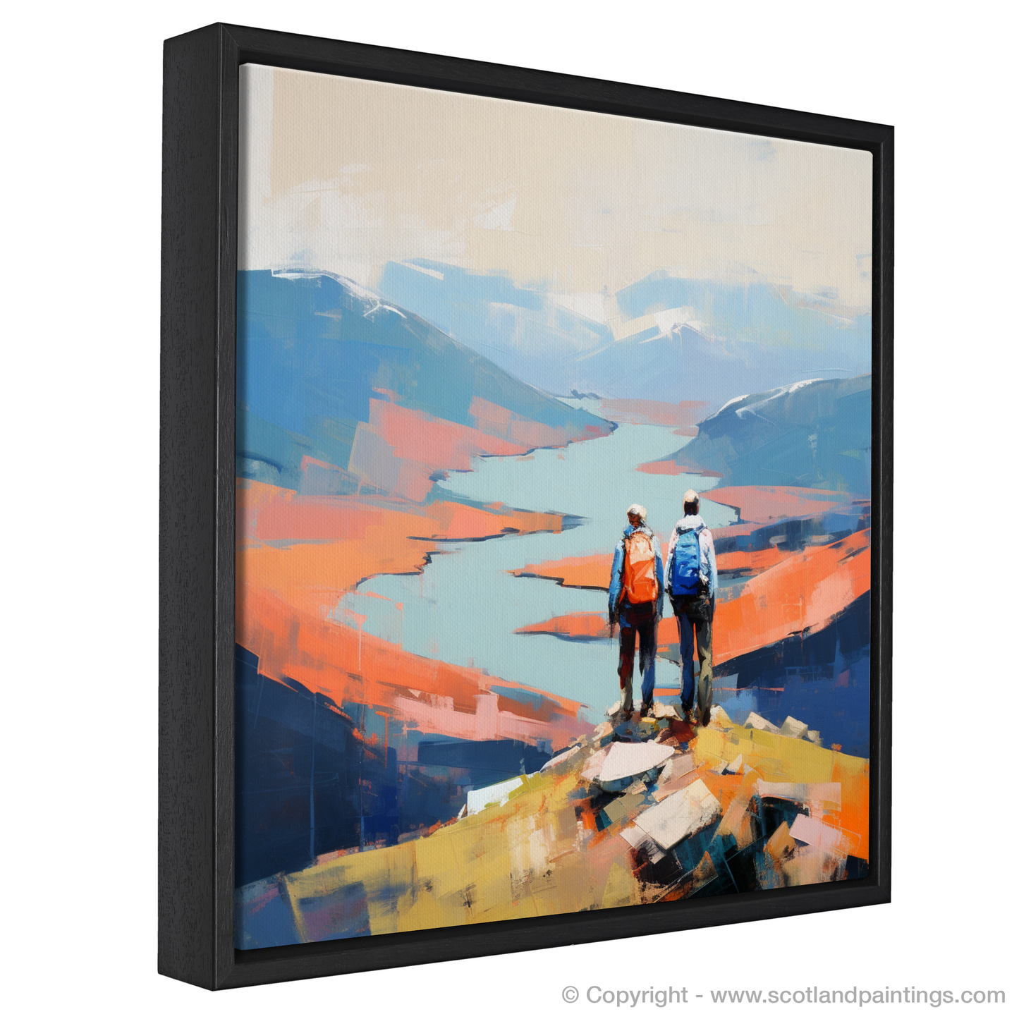 Painting and Art Print of Two hikers looking out on Loch Lomond entitled "Summit Spectacle over Loch Lomond".