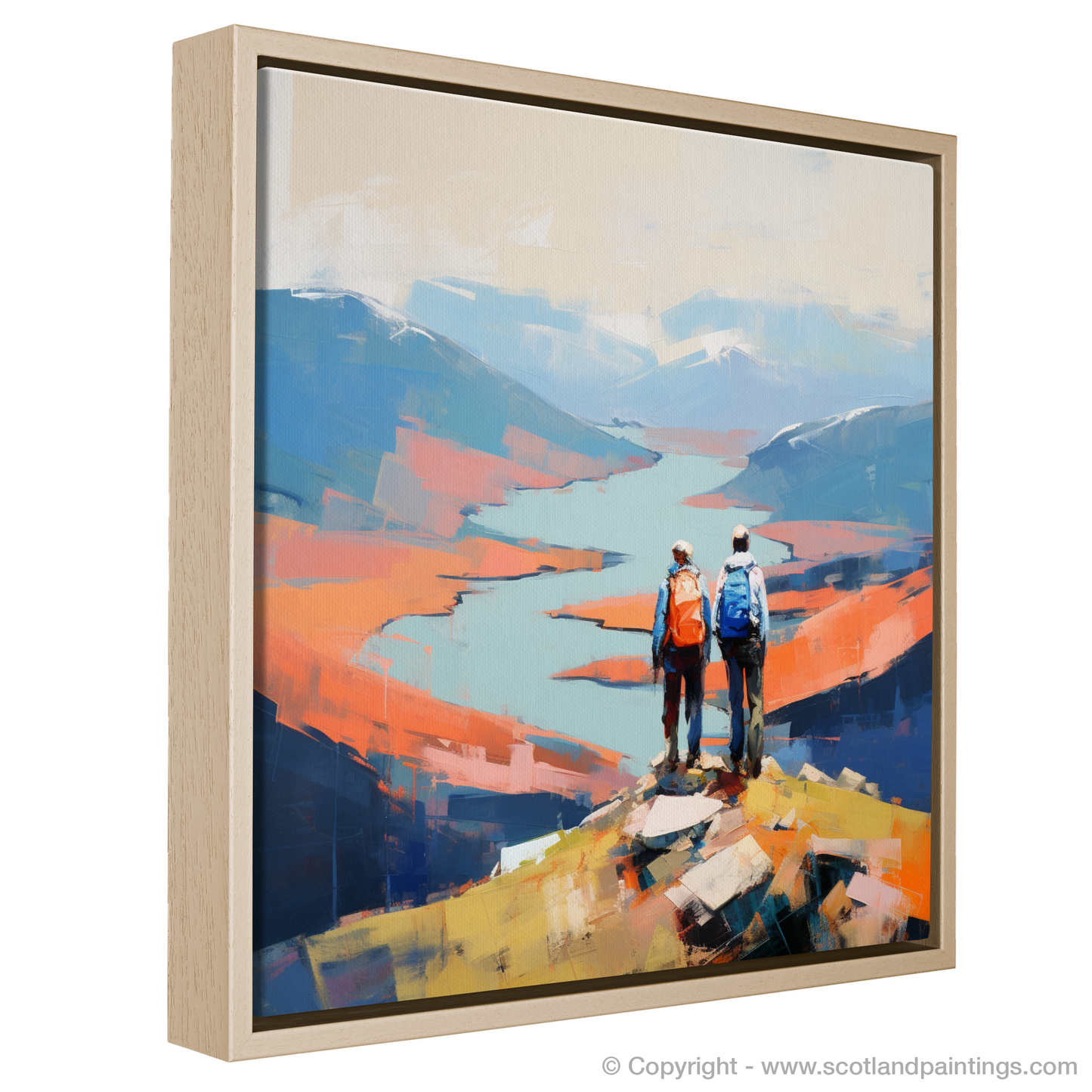 Painting and Art Print of Two hikers looking out on Loch Lomond entitled "Summit Spectacle over Loch Lomond".