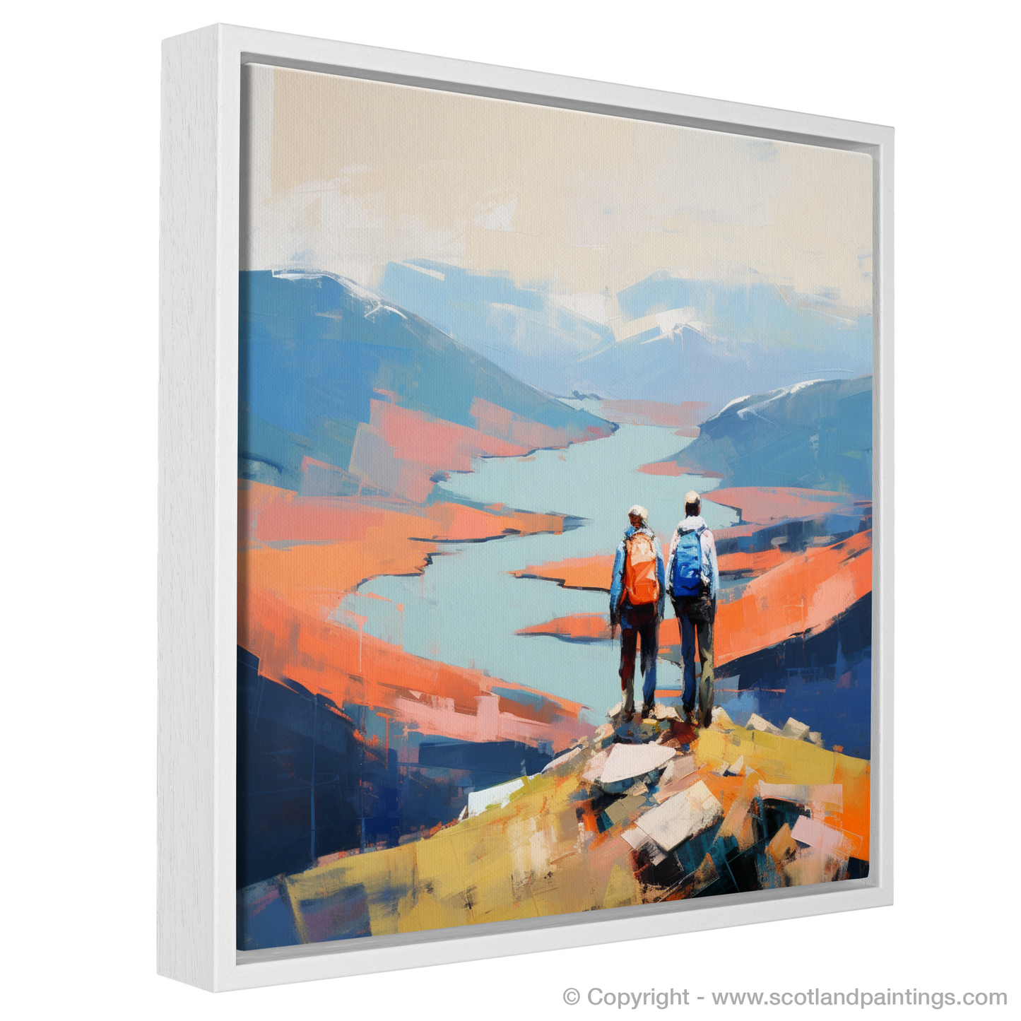 Painting and Art Print of Two hikers looking out on Loch Lomond entitled "Summit Spectacle over Loch Lomond".