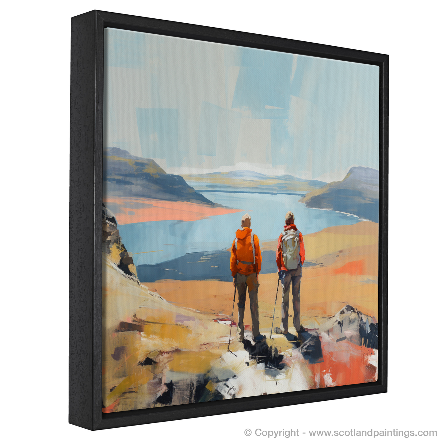 Painting and Art Print of Two hikers looking out on Loch Lomond entitled "Hikers' Horizon at Loch Lomond".