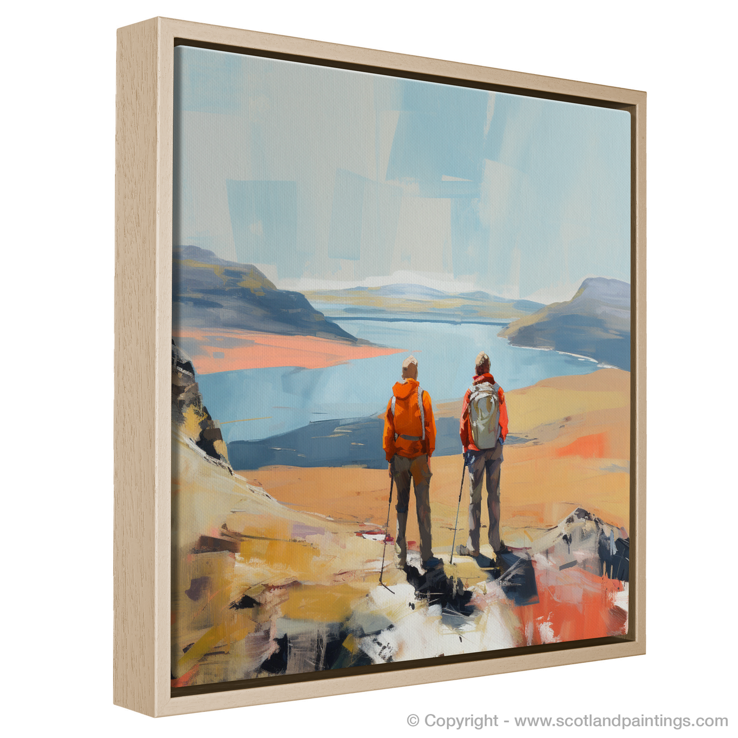 Painting and Art Print of Two hikers looking out on Loch Lomond entitled "Hikers' Horizon at Loch Lomond".