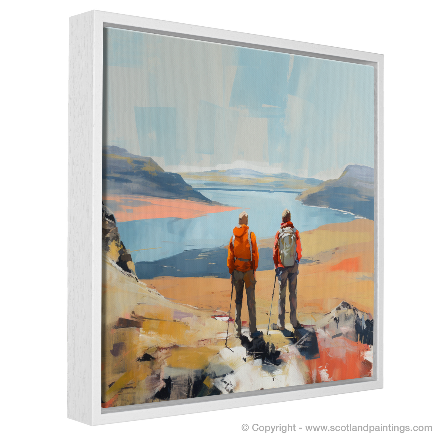 Painting and Art Print of Two hikers looking out on Loch Lomond entitled "Hikers' Horizon at Loch Lomond".