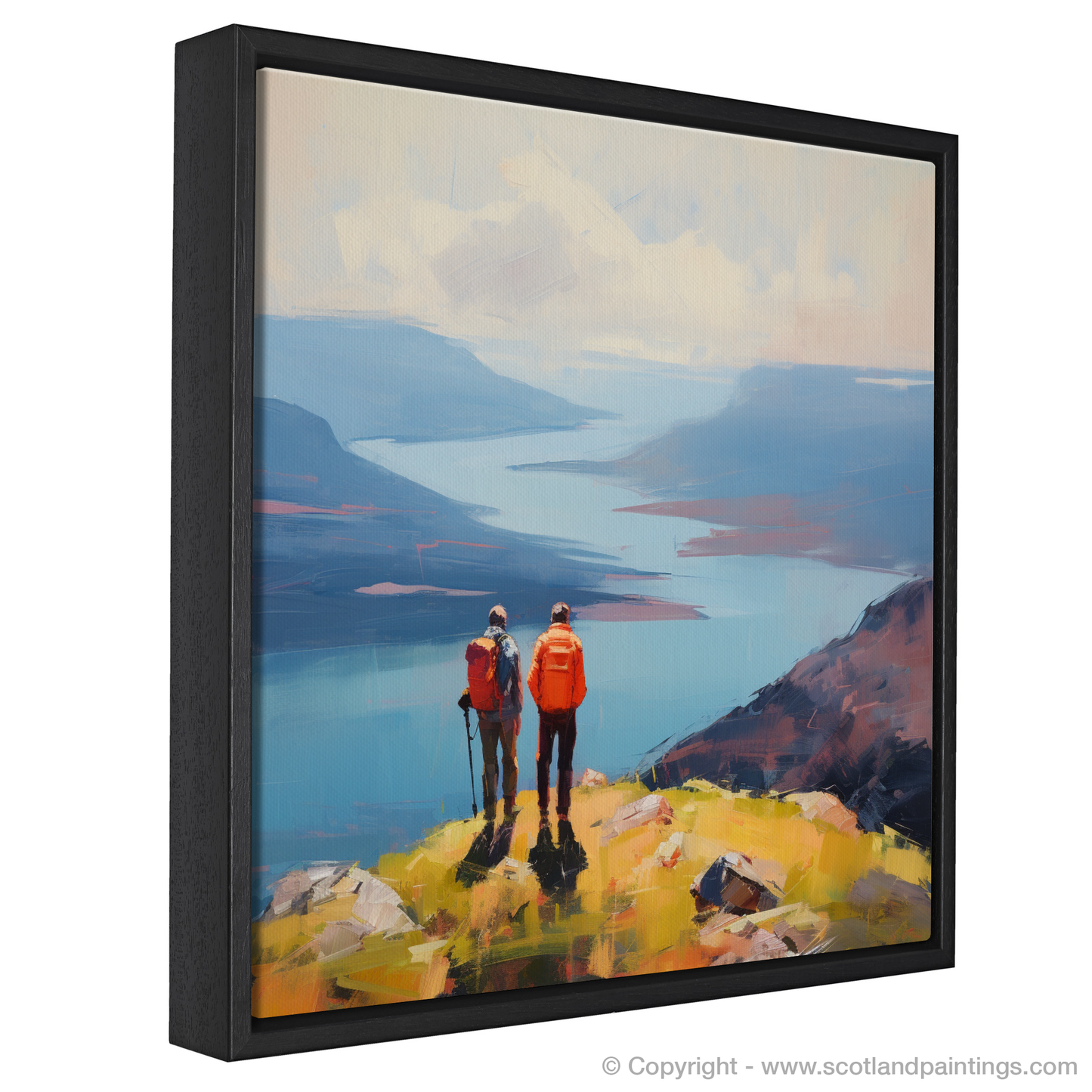 Painting and Art Print of Two hikers looking out on Loch Lomond entitled "Highland Haven: A Moment of Contemplation at Loch Lomond".