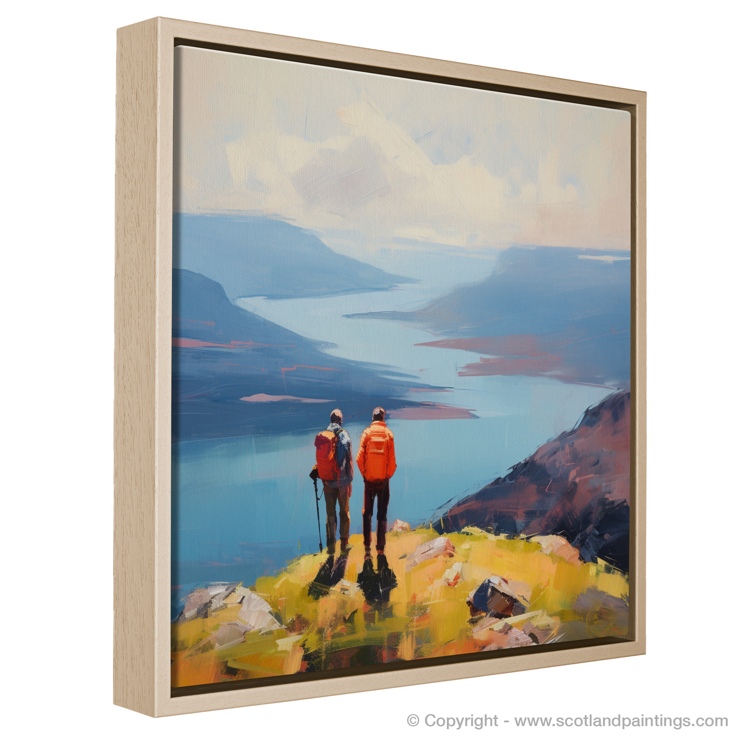 Painting and Art Print of Two hikers looking out on Loch Lomond entitled "Highland Haven: A Moment of Contemplation at Loch Lomond".