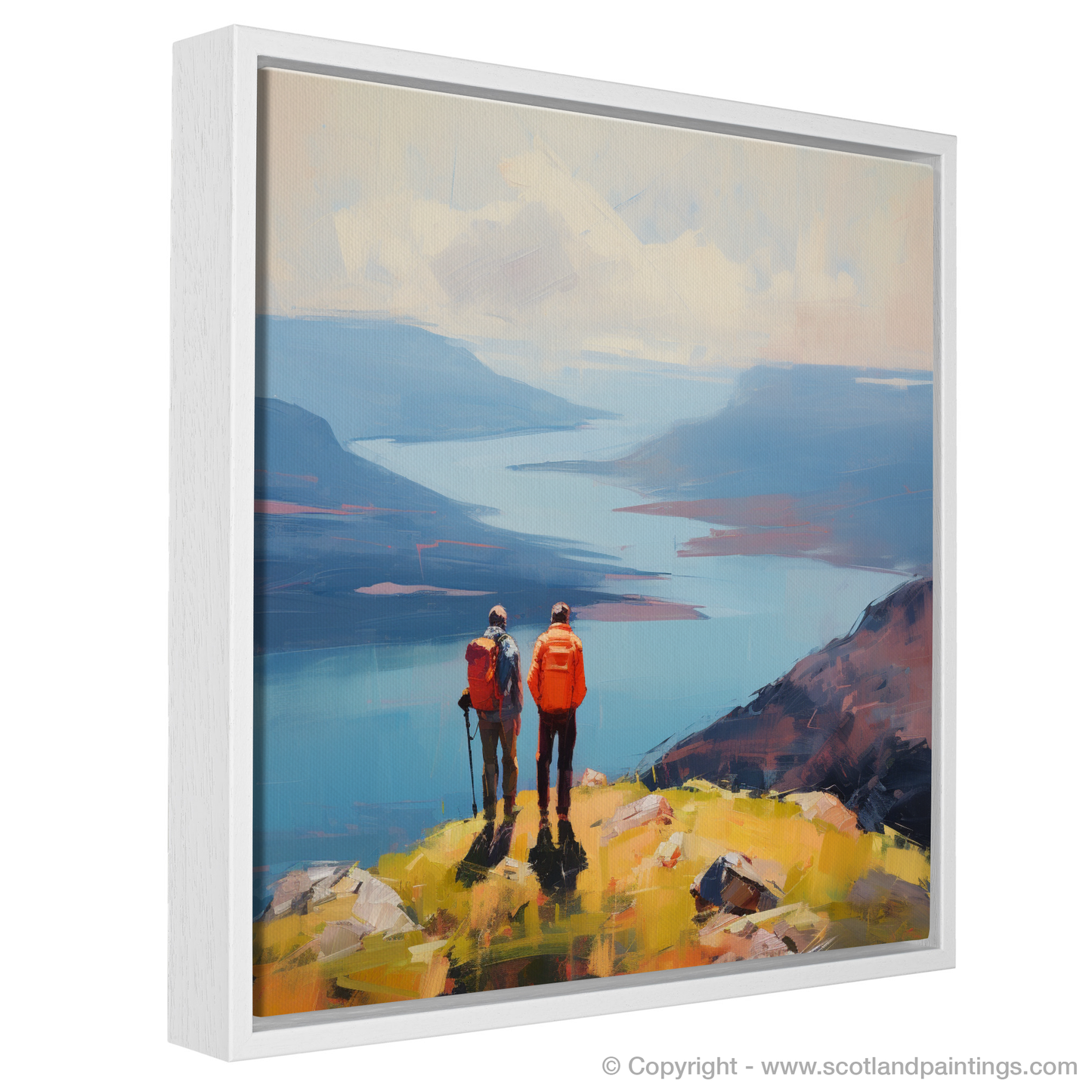 Painting and Art Print of Two hikers looking out on Loch Lomond entitled "Highland Haven: A Moment of Contemplation at Loch Lomond".