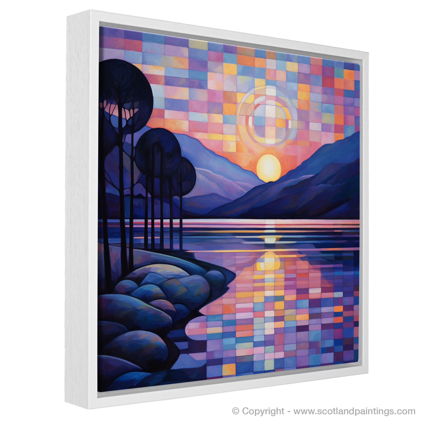 Painting and Art Print of Twilight reflections on Loch Lomond. Twilight Reflections: An Abstract Dance of Loch Lomond Colours.