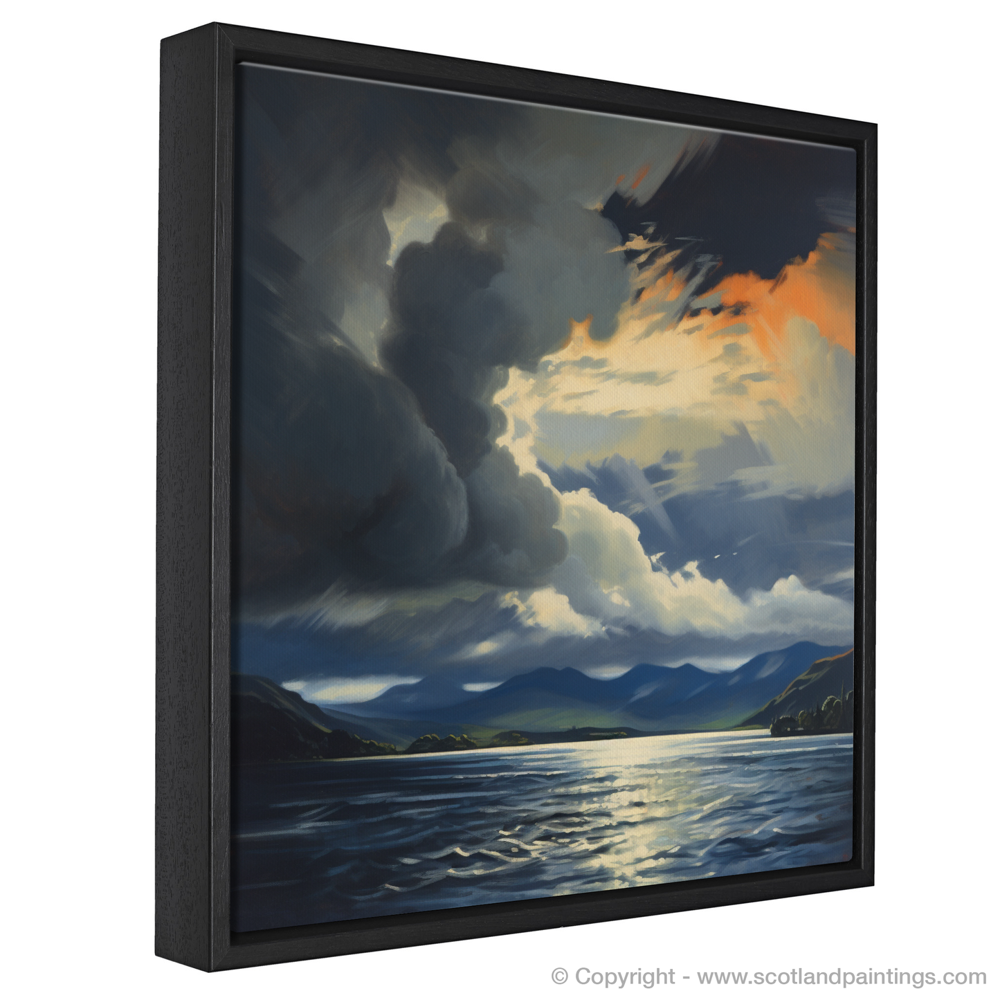 Painting and Art Print of Storm clouds above Loch Lomond entitled "Storm's Embrace Over Loch Lomond".