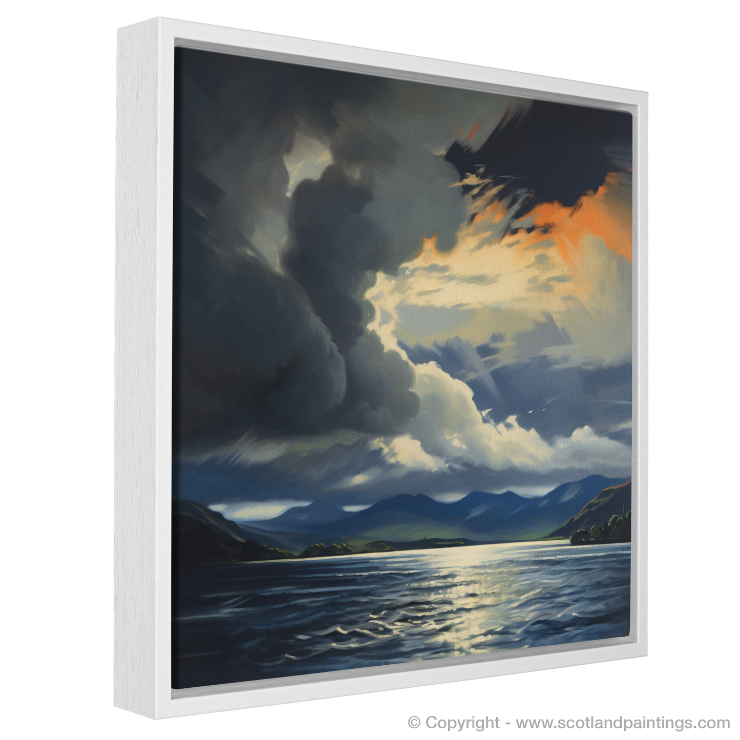 Painting and Art Print of Storm clouds above Loch Lomond entitled "Storm's Embrace Over Loch Lomond".